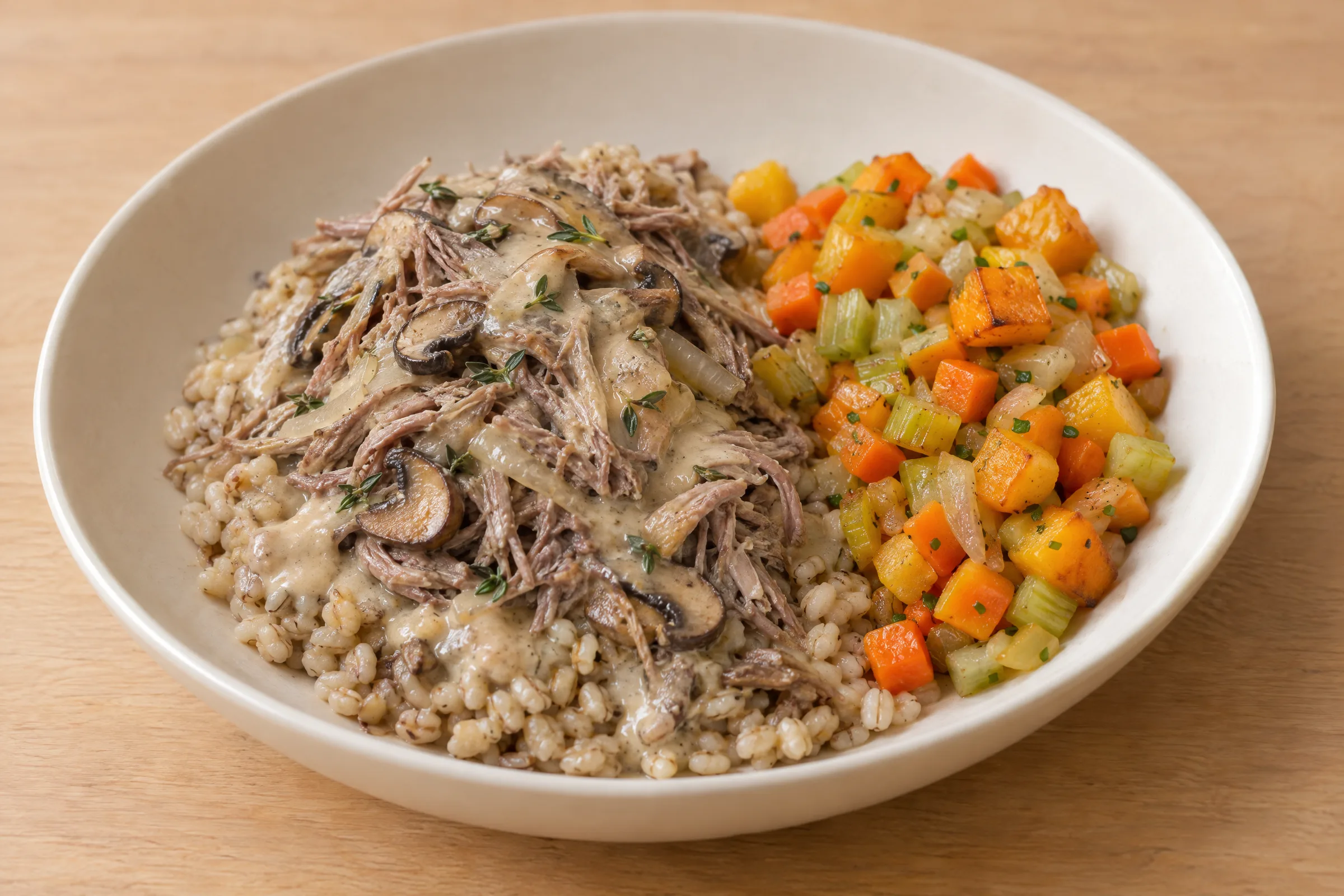 Shredded beef with mushrooms in cream sauce over barley, beside diced butternut squash, carrot and celery. AI illustration, not a photo of the delivered meal. Appearance and portions vary.