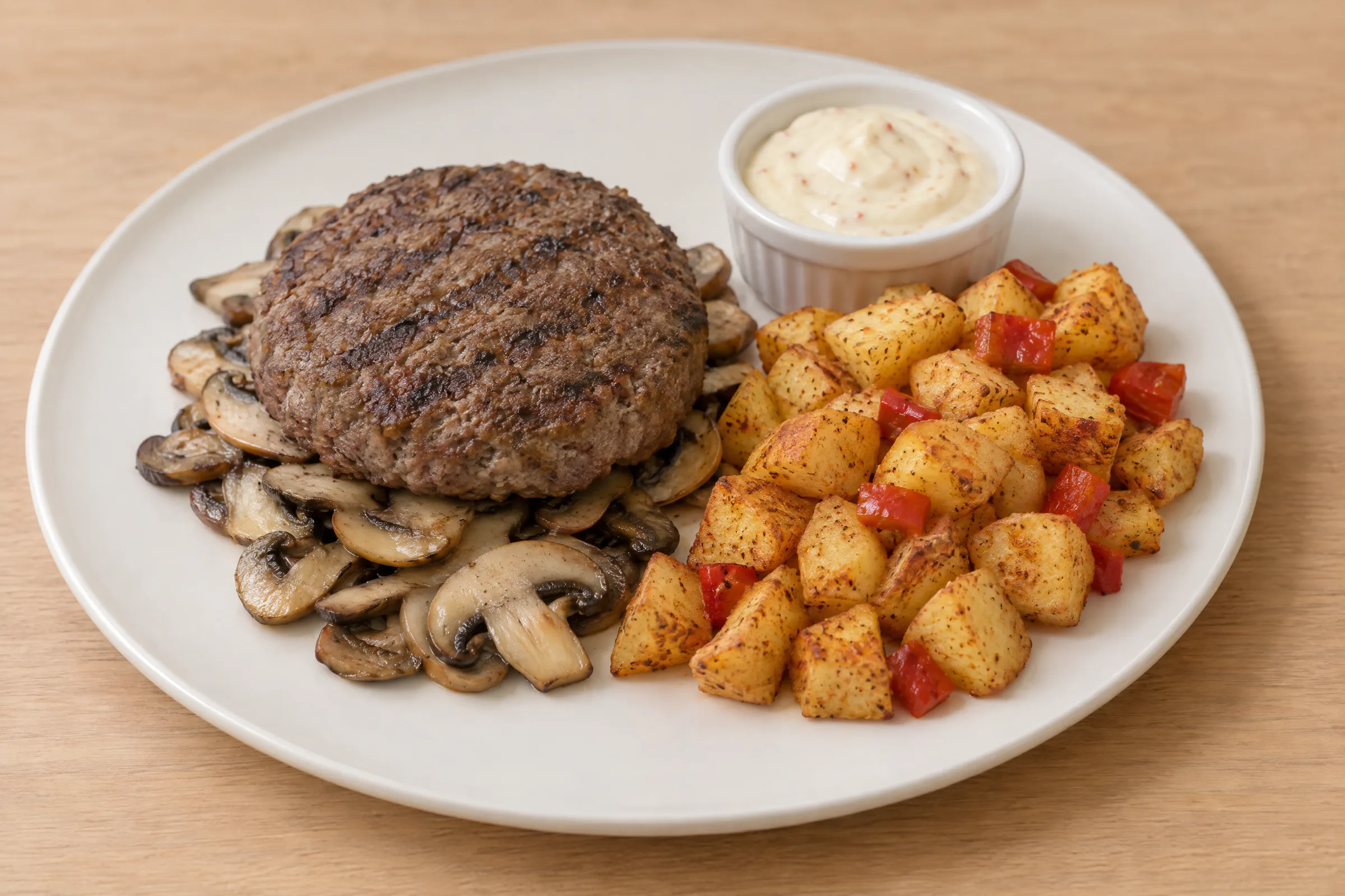 A seared beef burger patty on sautéed mushrooms with seasoned potato cubes, red peppers and cheese sauce. AI illustration, not a photo of the delivered meal. Appearance and portions vary.