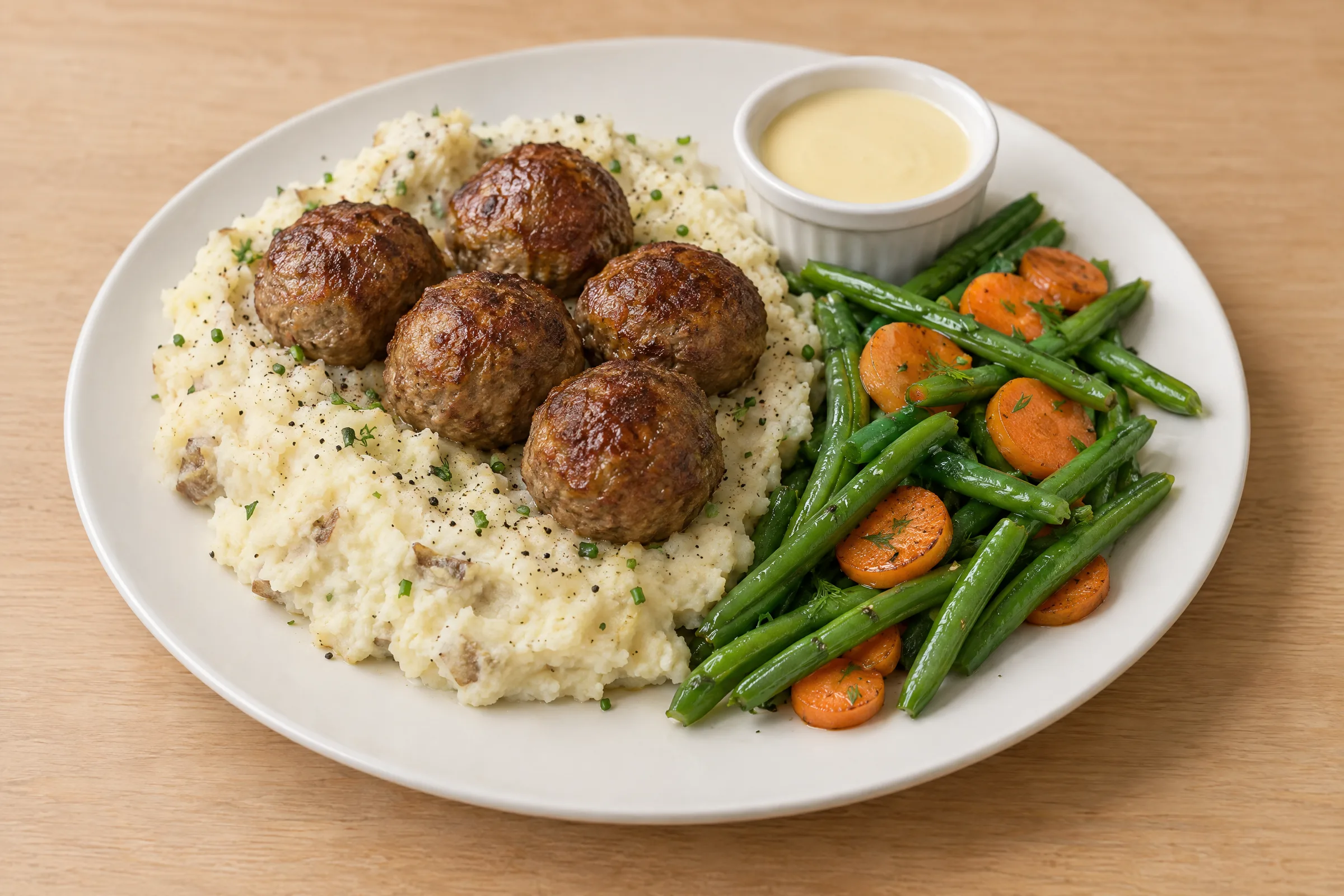 Five browned beef meatballs on rustic mashed potatoes with roasted green beans, carrots, and creamy mustard sauce. AI illustration, not a photo of the delivered meal. Appearance and portions vary.