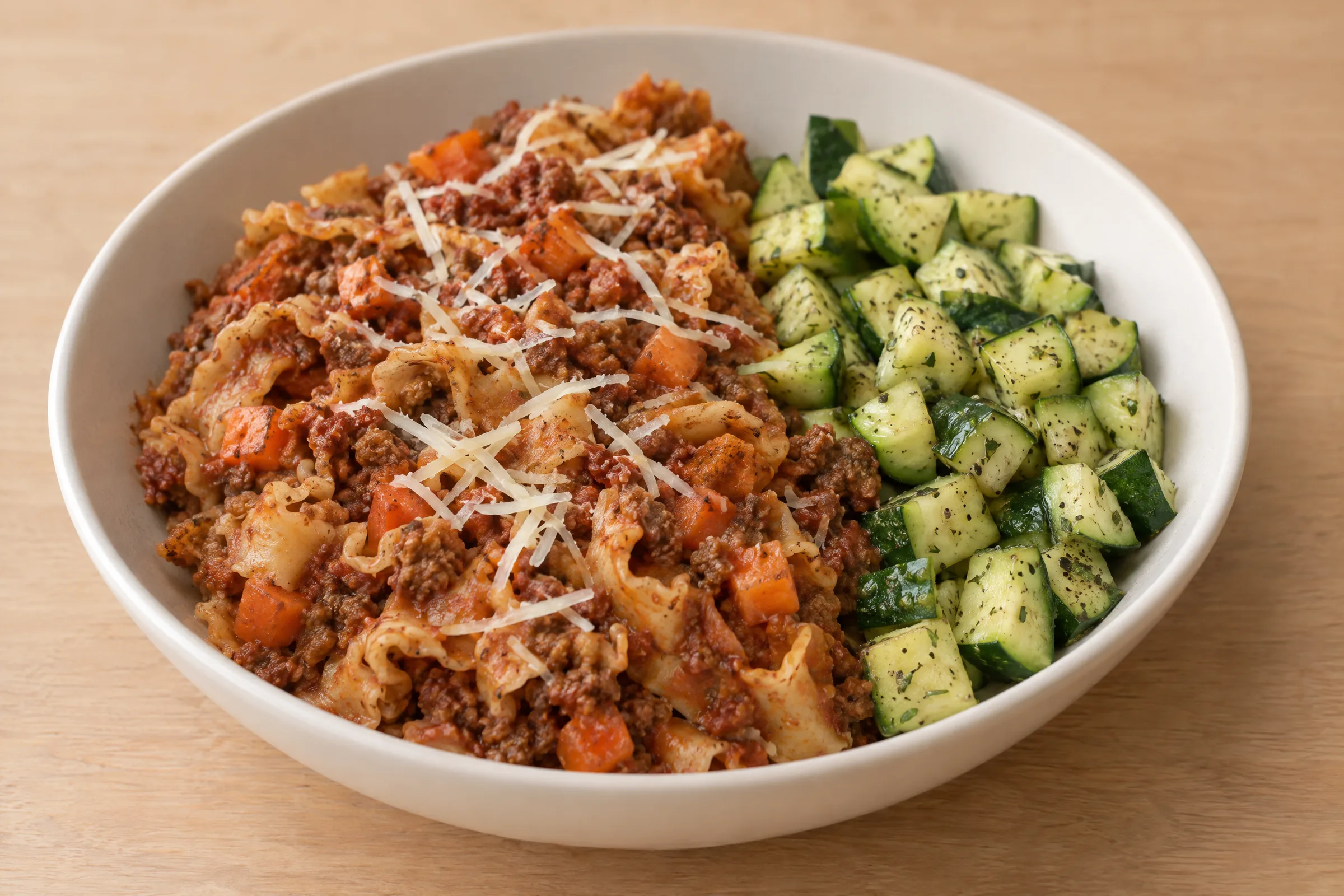 Ruffled pasta in ground beef tomato sauce with carrots and shredded Parmesan, next to diced garlicky zucchini. AI illustration, not a photo of the delivered meal. Appearance and portions vary.