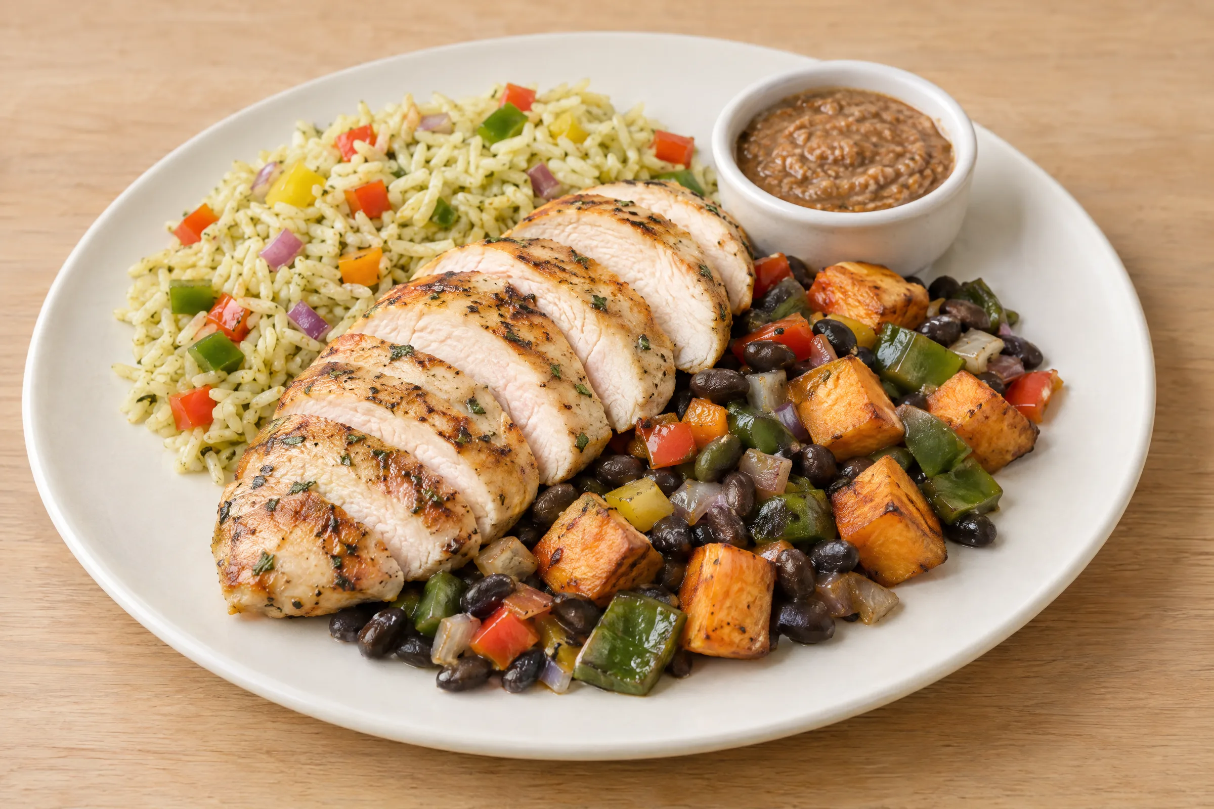 Sliced grilled chicken breast over black beans, poblanos and roasted sweet potatoes with green chile rice and salsa. AI illustration, not a photo of the delivered meal. Appearance and portions vary.