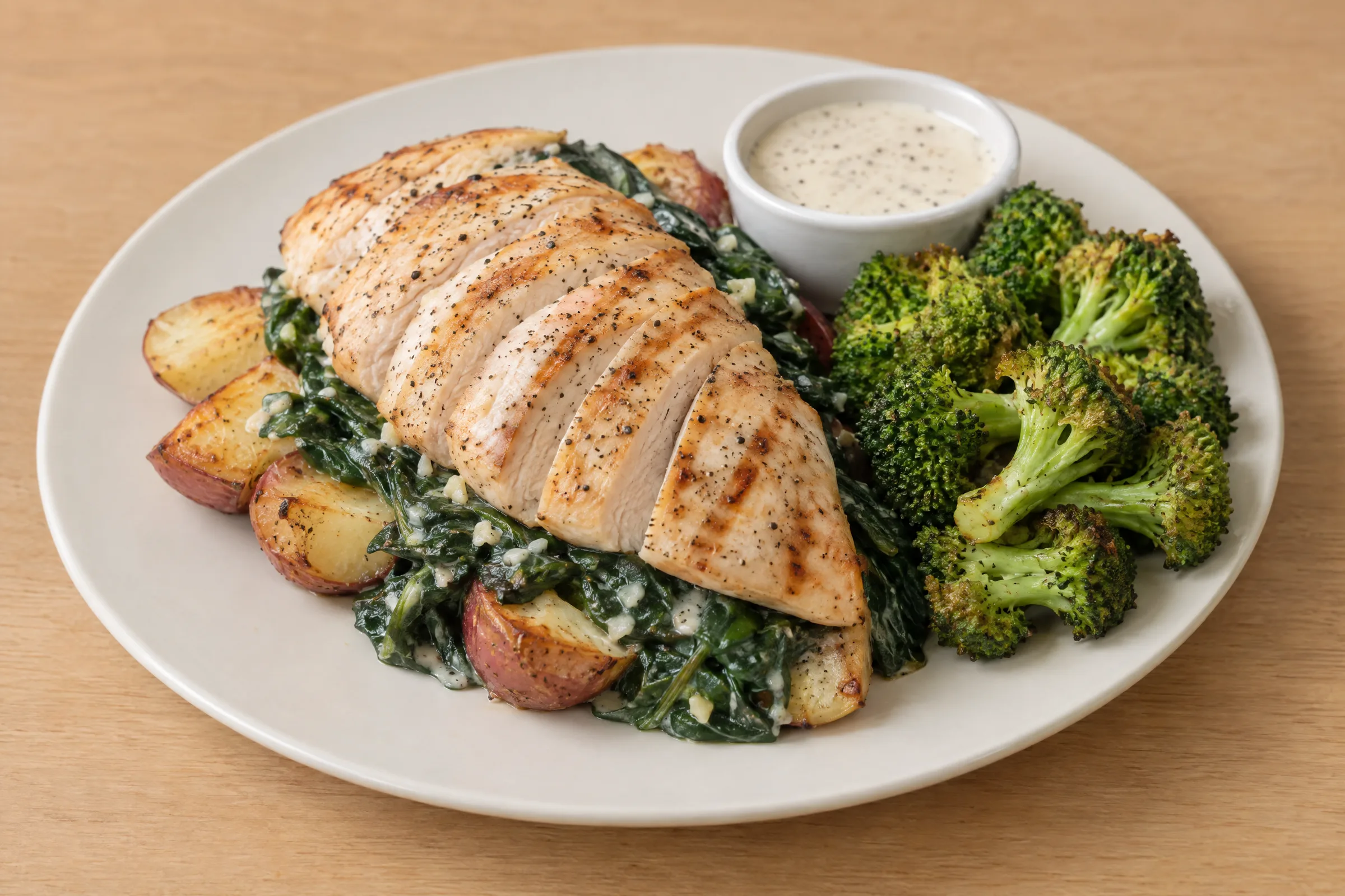 Sliced grilled chicken breast over wilted spinach and roasted red potatoes with broccoli and creamy parmesan sauce. AI illustration, not a photo of the delivered meal. Appearance and portions vary.