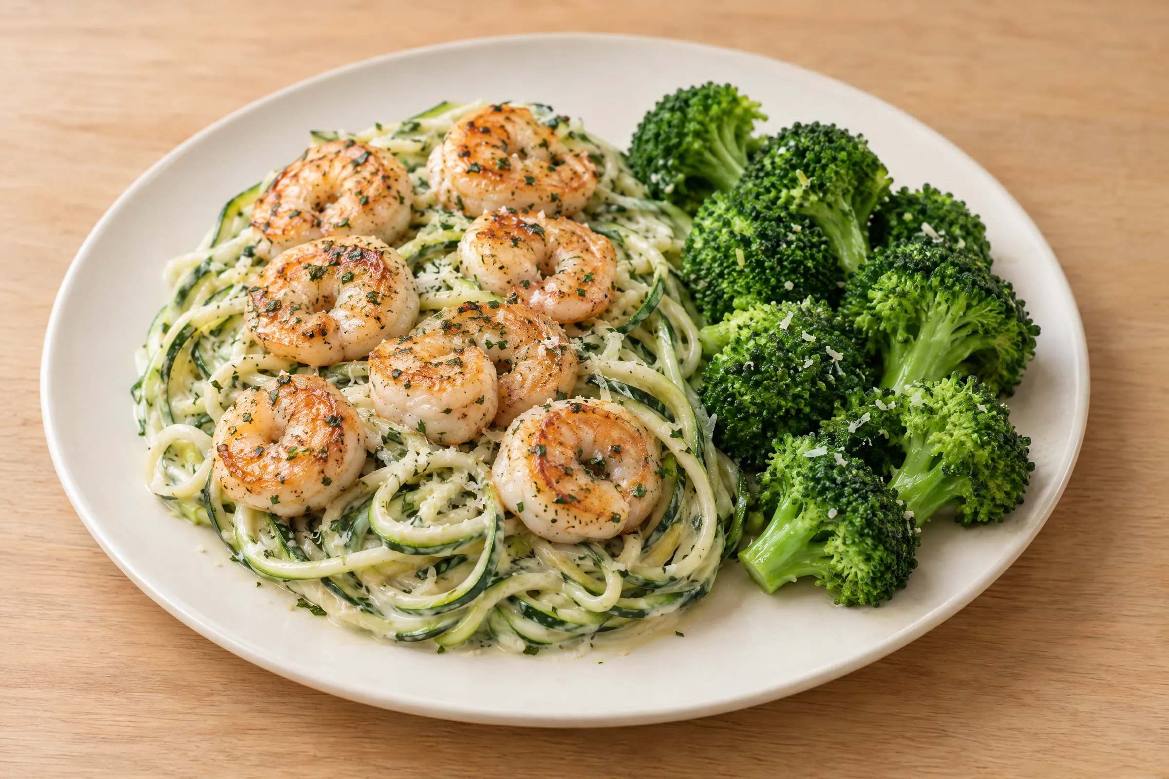 Seared shrimp over creamy parmesan zucchini and squash noodles with steamed broccoli florets alongside. AI illustration, not a photo of the delivered meal. Appearance and portions vary.