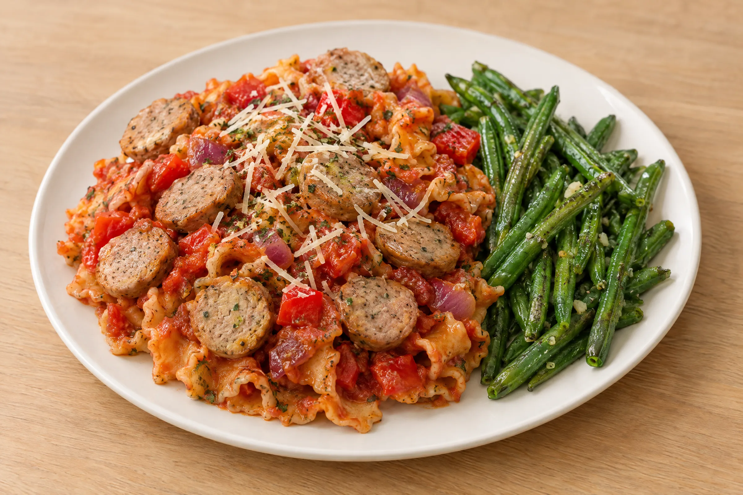 Sliced Italian sausage and red peppers over tomato-sauced brown rice lasagnette with Parmesan and green beans. AI illustration, not a photo of the delivered meal. Appearance and portions vary.