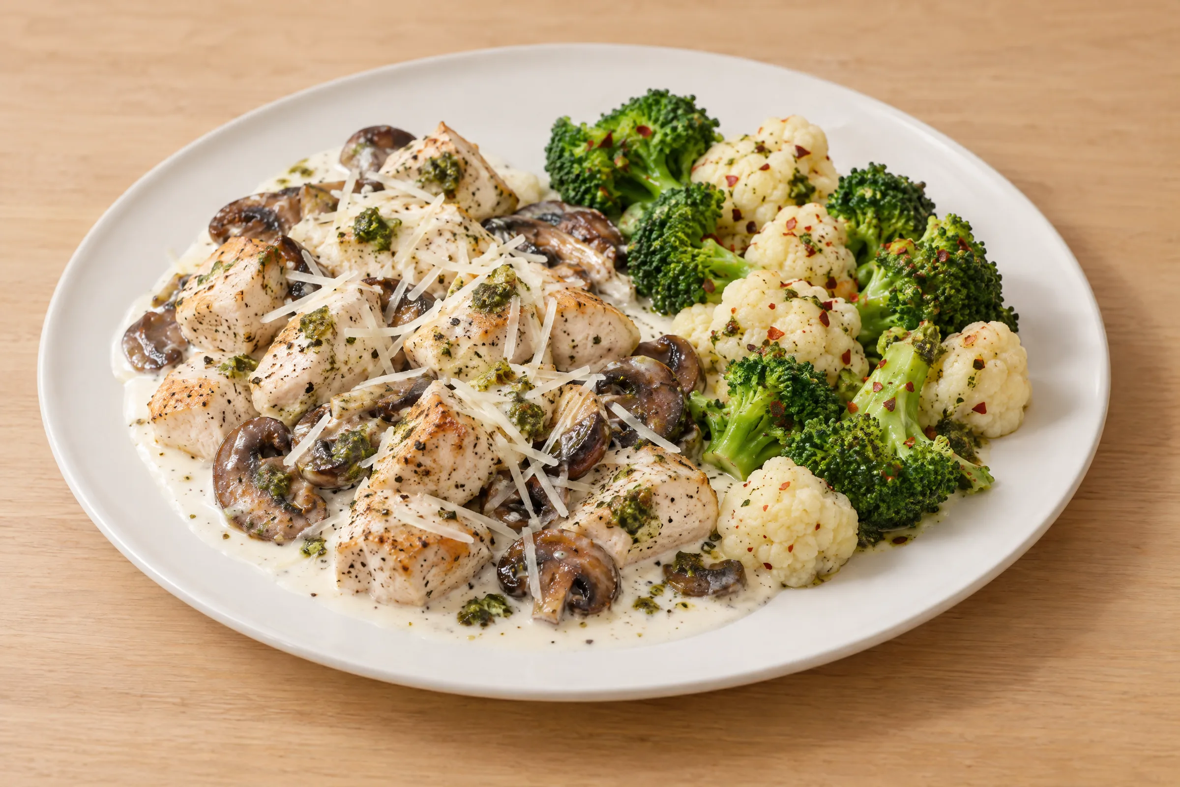 Seared chicken chunks and browned mushrooms in parmesan cream sauce with chili-flecked broccoli and cauliflower florets. AI illustration, not a photo of the delivered meal. Appearance and portions vary.