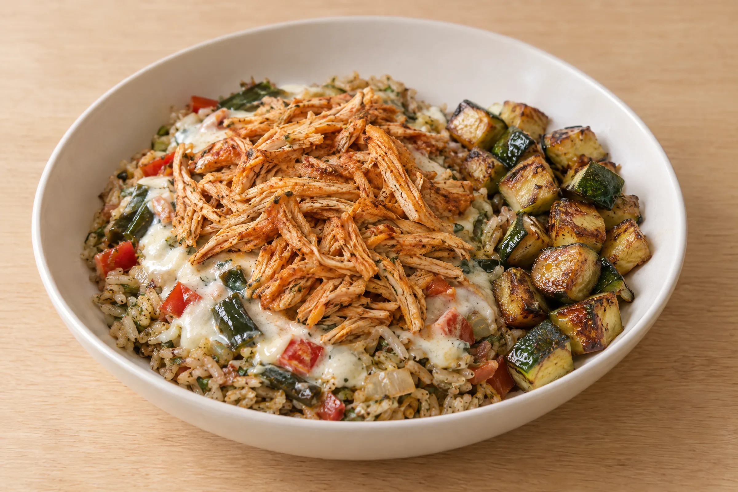 Shredded chile-spiced chicken over creamy cheese-sauced cilantro-tomato brown rice with peppers, alongside browned zucchini cubes. AI illustration, not a photo of the delivered meal. Appearance and portions vary.