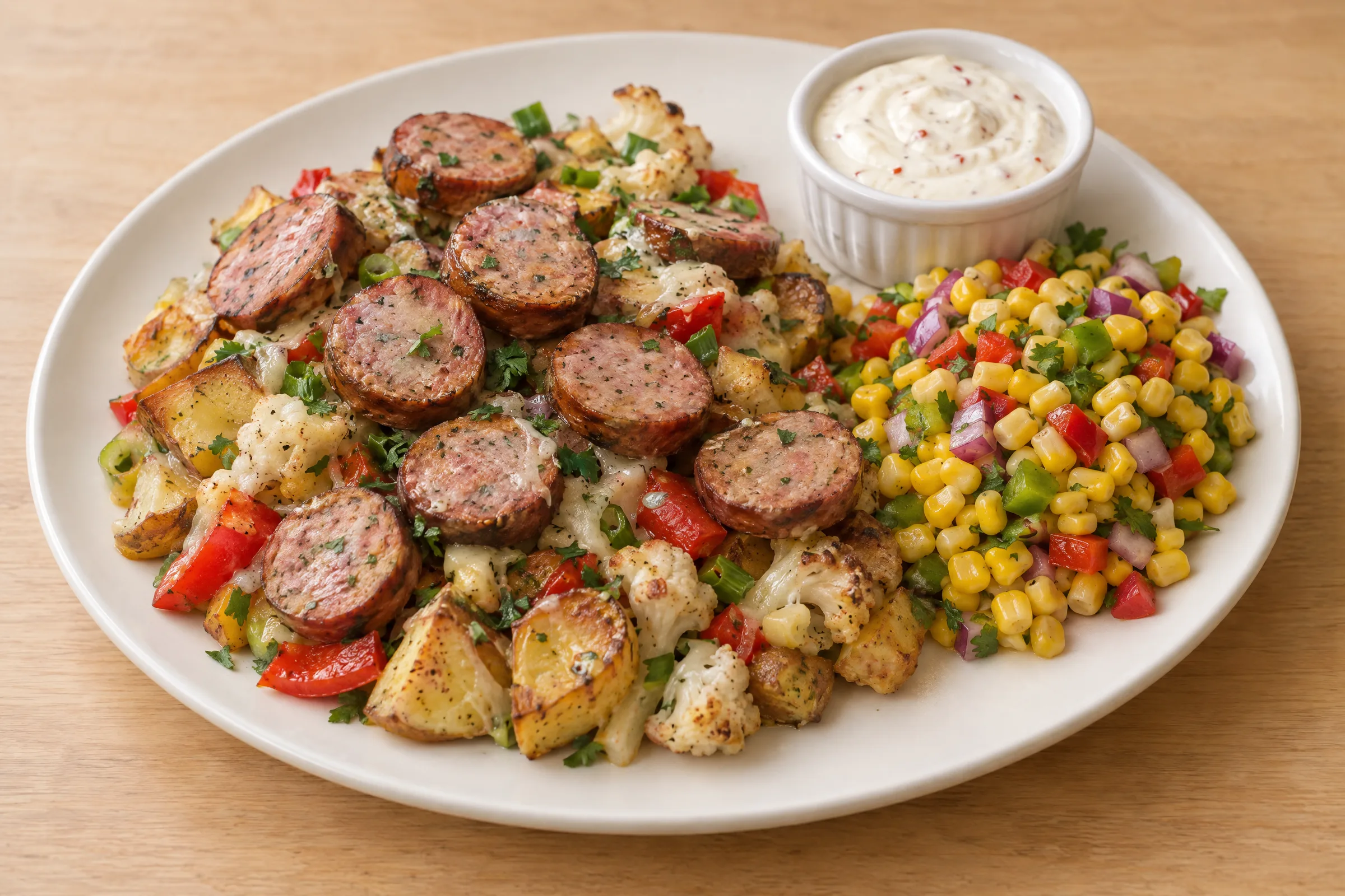Sliced browned sausage over roasted potato and cauliflower hash, with corn salad and creamy white dipping sauce. AI illustration, not a photo of the delivered meal. Appearance and portions vary.