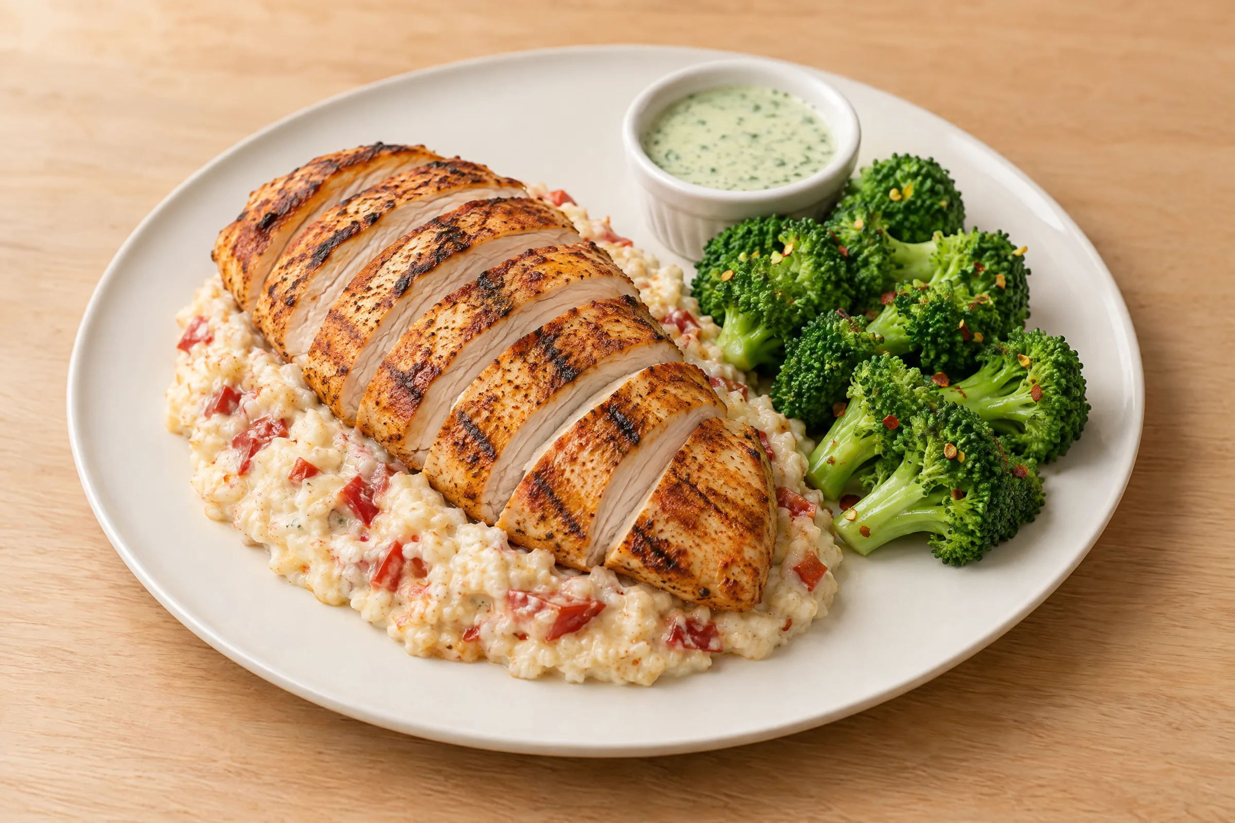 Sliced grilled chicken breast over creamy red-pepper cauliflower grits with broccoli and green cilantro sauce. AI illustration, not a photo of the delivered meal. Appearance and portions vary.