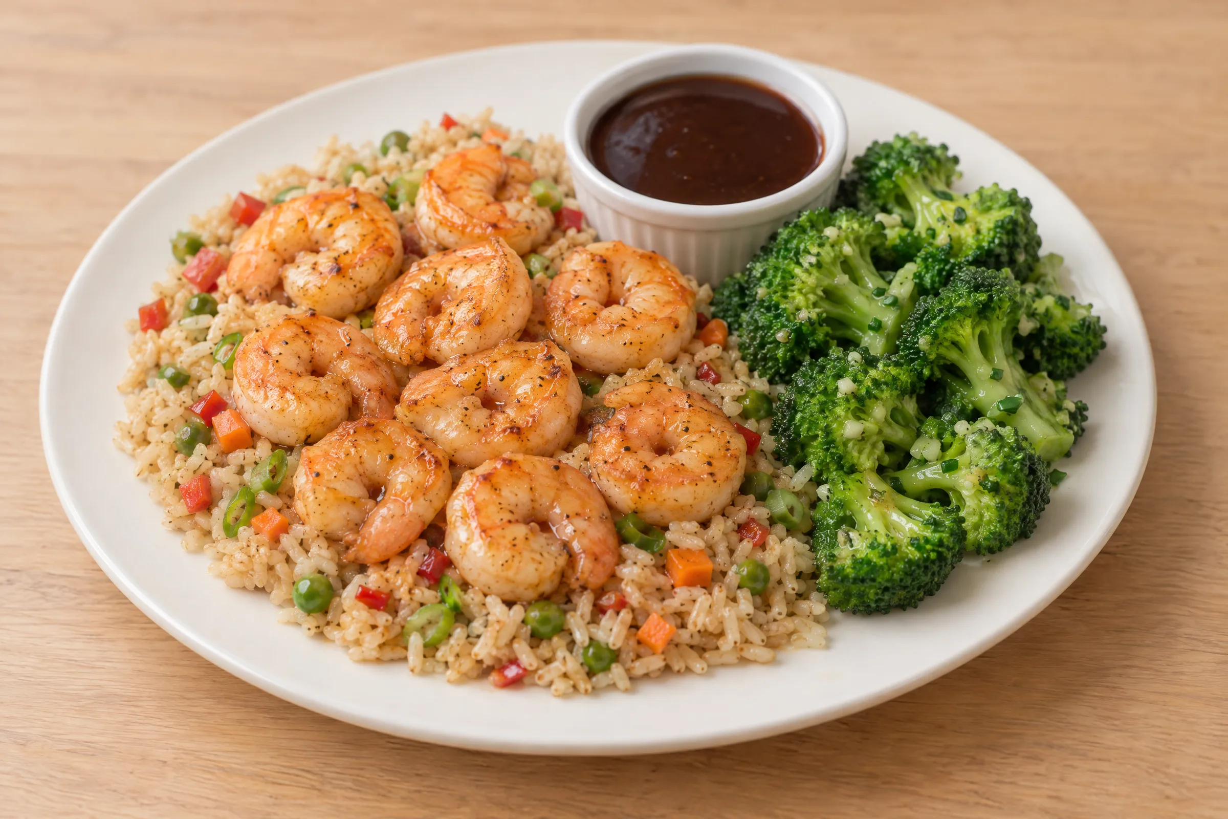Glazed shrimp over vegetable-studded brown rice with buttered broccoli florets and a cup of teriyaki sauce. AI illustration, not a photo of the delivered meal. Appearance and portions vary.