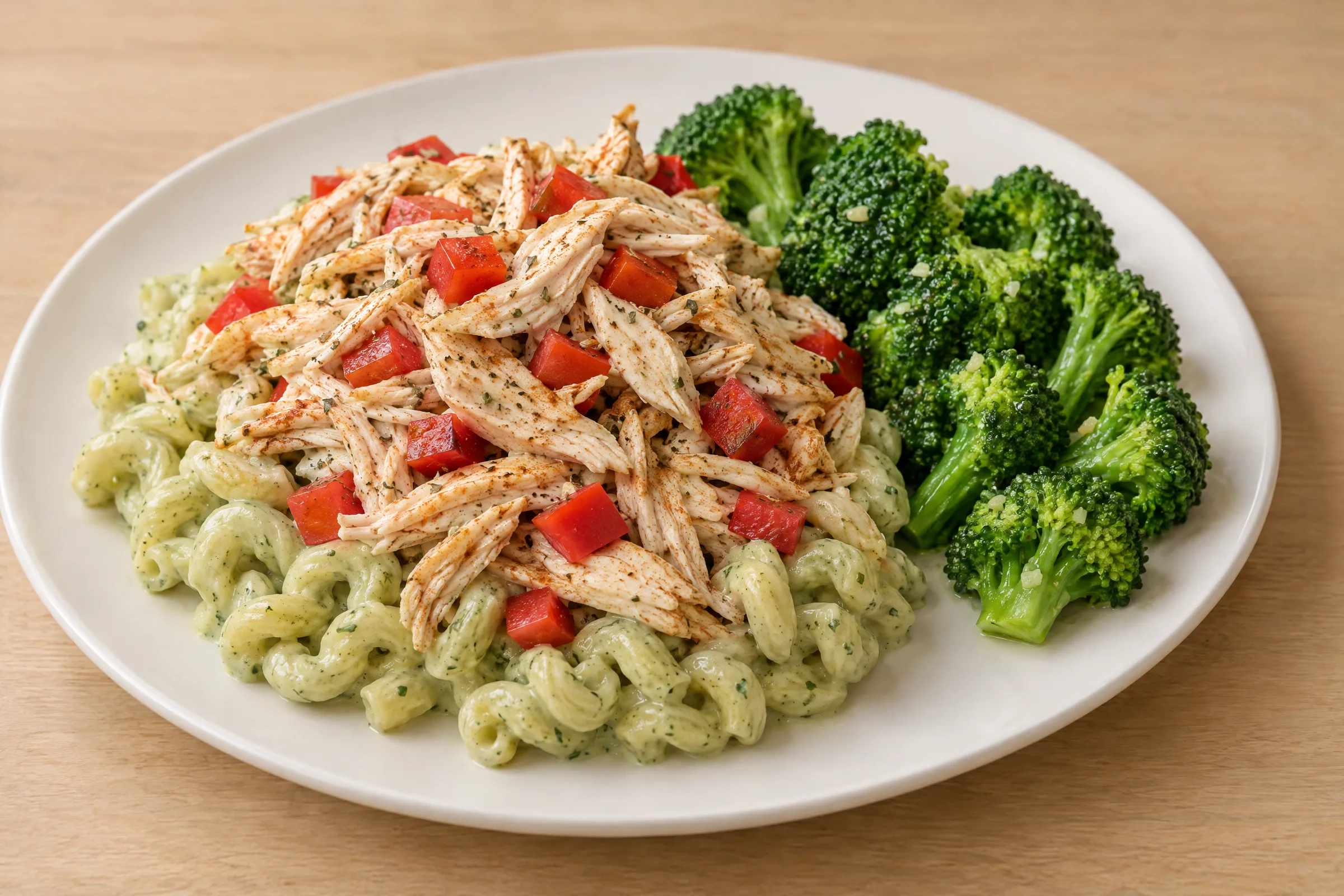 Creamy green-sauced cavatappi topped with shredded seasoned chicken and diced red peppers, with buttered broccoli florets alongside. AI illustration, not a photo of the delivered meal. Appearance and portions vary.