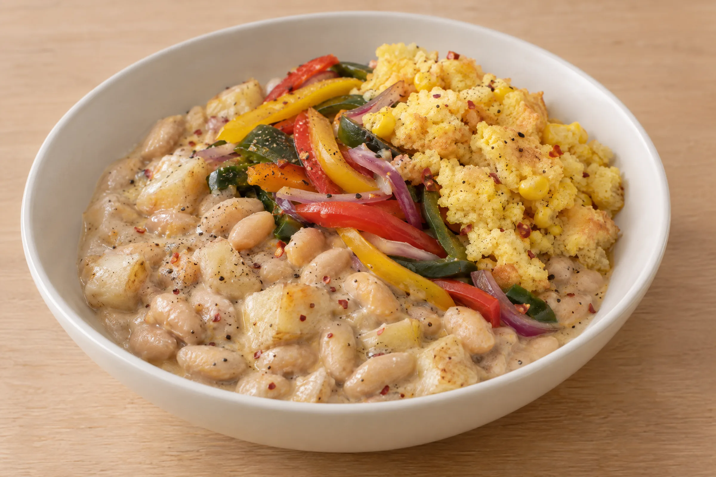 Creamy white bean and potato stew topped with crumbled tamale cake and sauteed pepper-onion fajita strips. AI illustration, not a photo of the delivered meal. Appearance and portions vary.