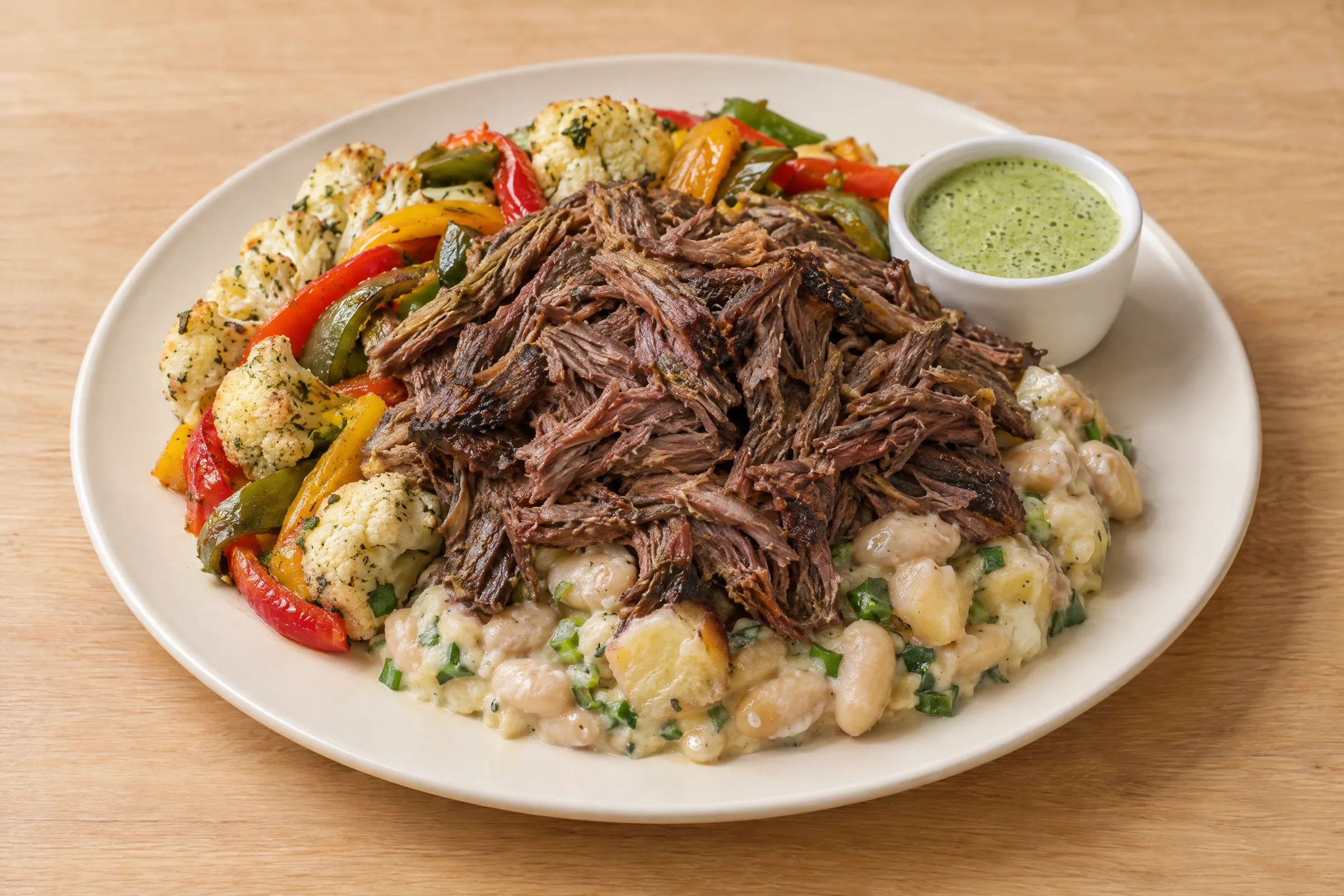 Shredded beef piled over creamy white beans and potatoes with cauliflower, pepper strips and green salsa. AI illustration, not a photo of the delivered meal. Appearance and portions vary.