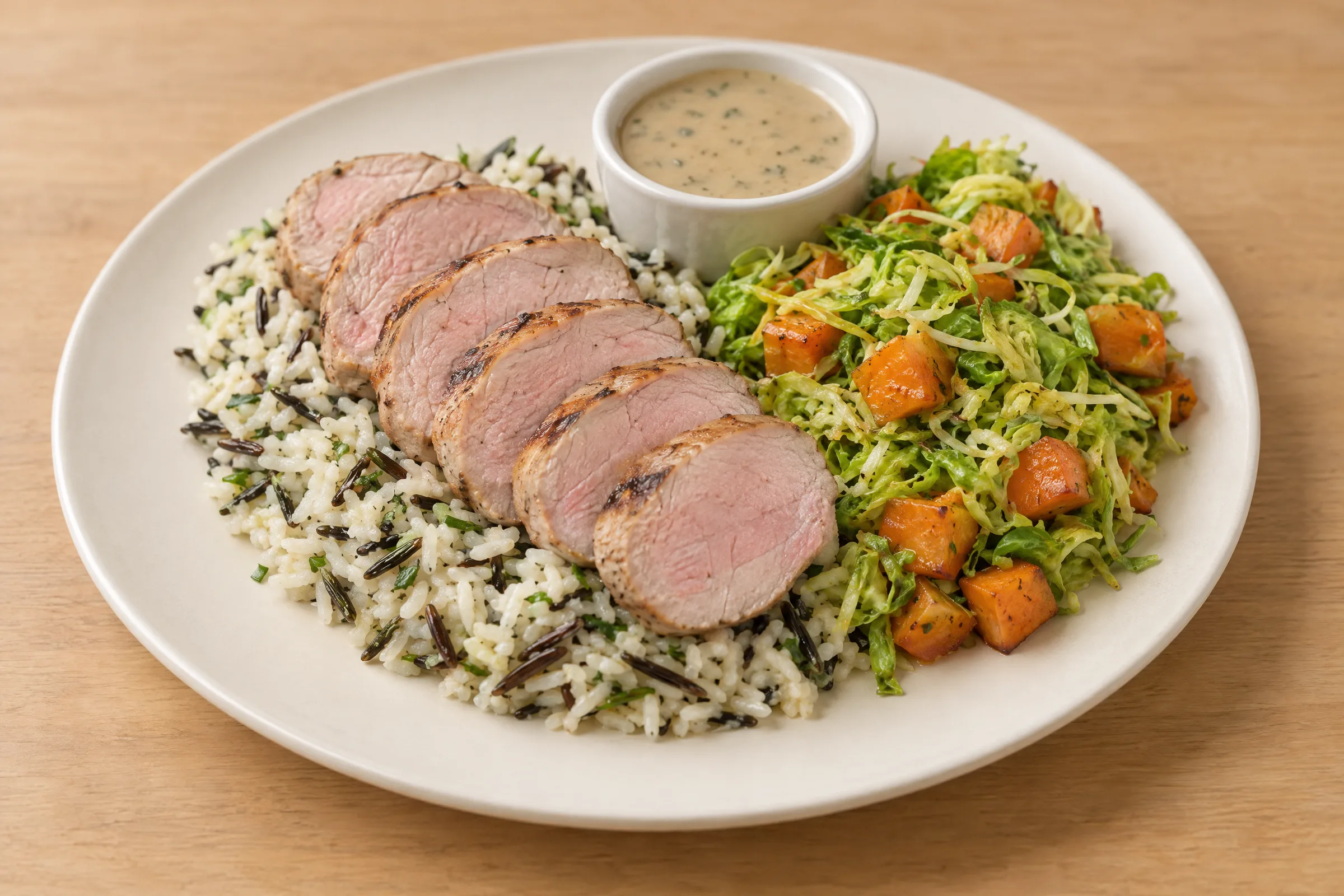 Sliced roasted pork tenderloin over wild rice blend with shaved Brussels sprouts, roasted carrots, and creamy pan sauce. AI illustration, not a photo of the delivered meal. Appearance and portions vary.