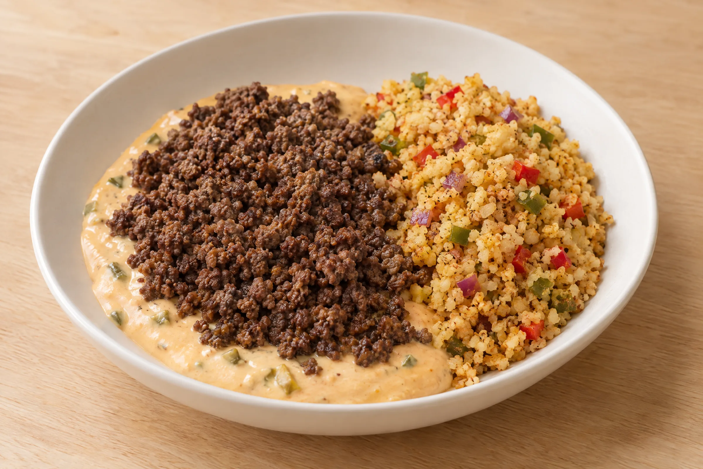 Ground beef crumbles over creamy queso with a pile of spiced cauliflower rice and diced peppers and onions. AI illustration, not a photo of the delivered meal. Appearance and portions vary.