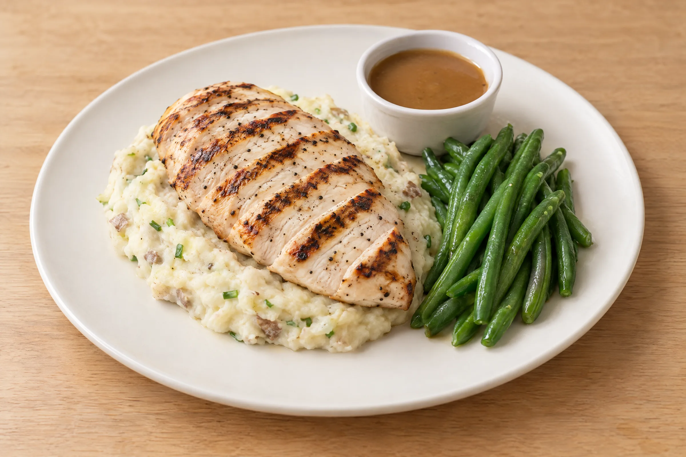 Sliced grilled chicken breast over Yukon potato mash with green beans and a side of gravy. AI illustration, not a photo of the delivered meal. Appearance and portions vary.