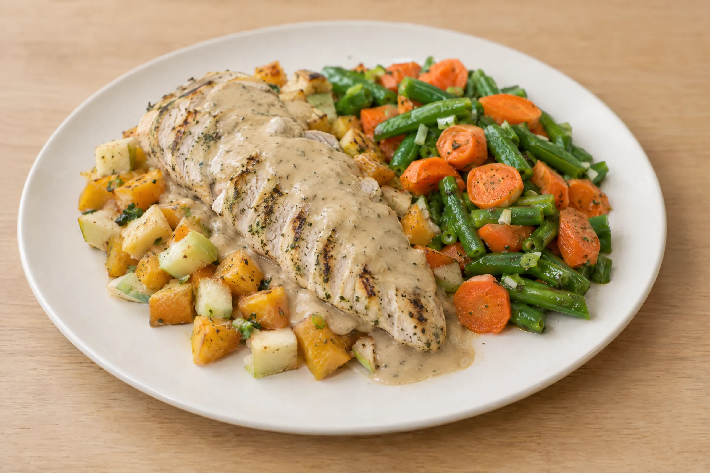 Sliced grilled rosemary chicken breast with creamy tan sauce over apple-butternut hash, beside carrots and green beans. AI illustration, not a photo of the delivered meal. Appearance and portions vary.