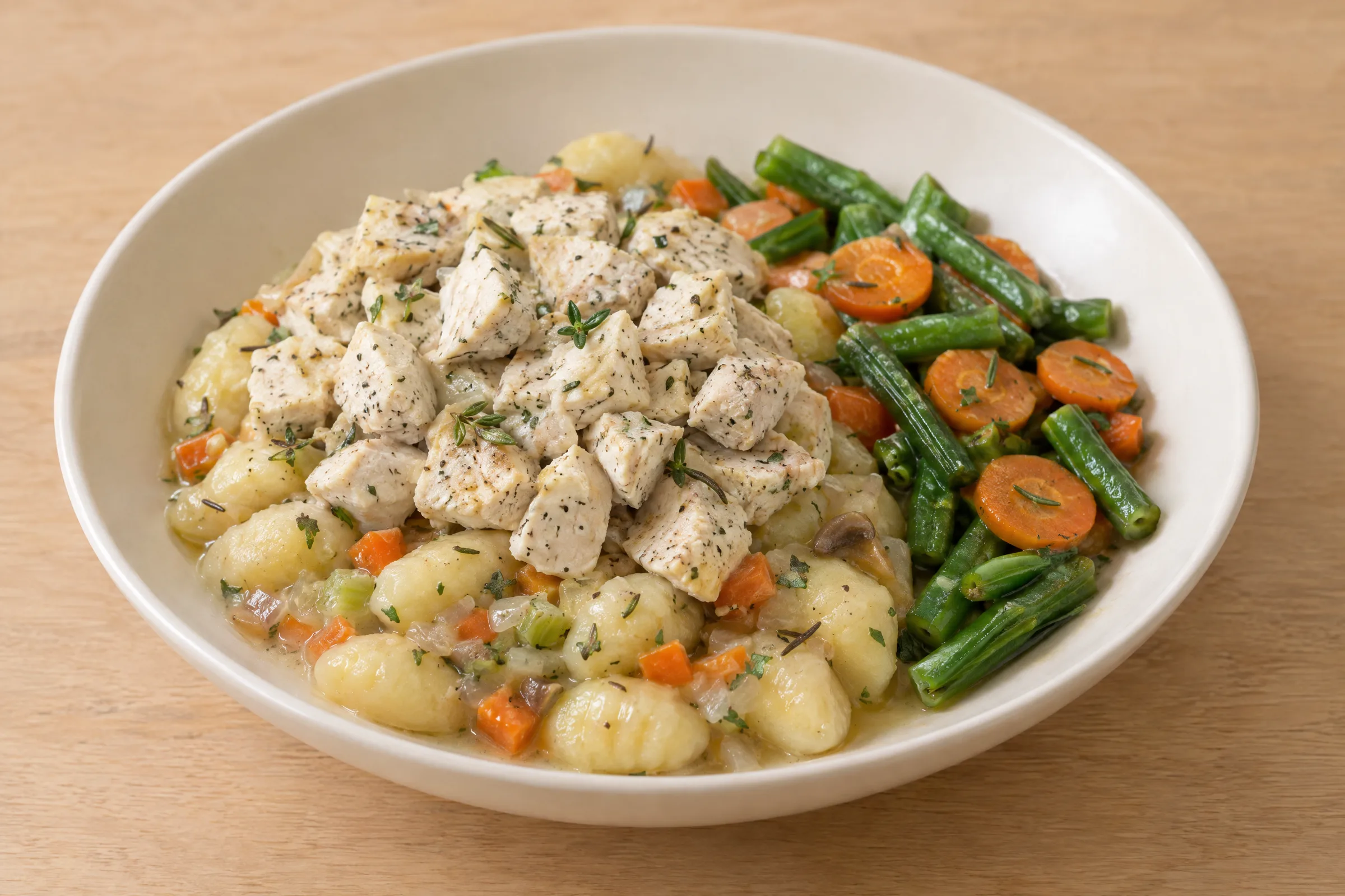 Herbed chicken cubes over saucy gnocchi with green beans and glazed carrot coins alongside. AI illustration, not a photo of the delivered meal. Appearance and portions vary.