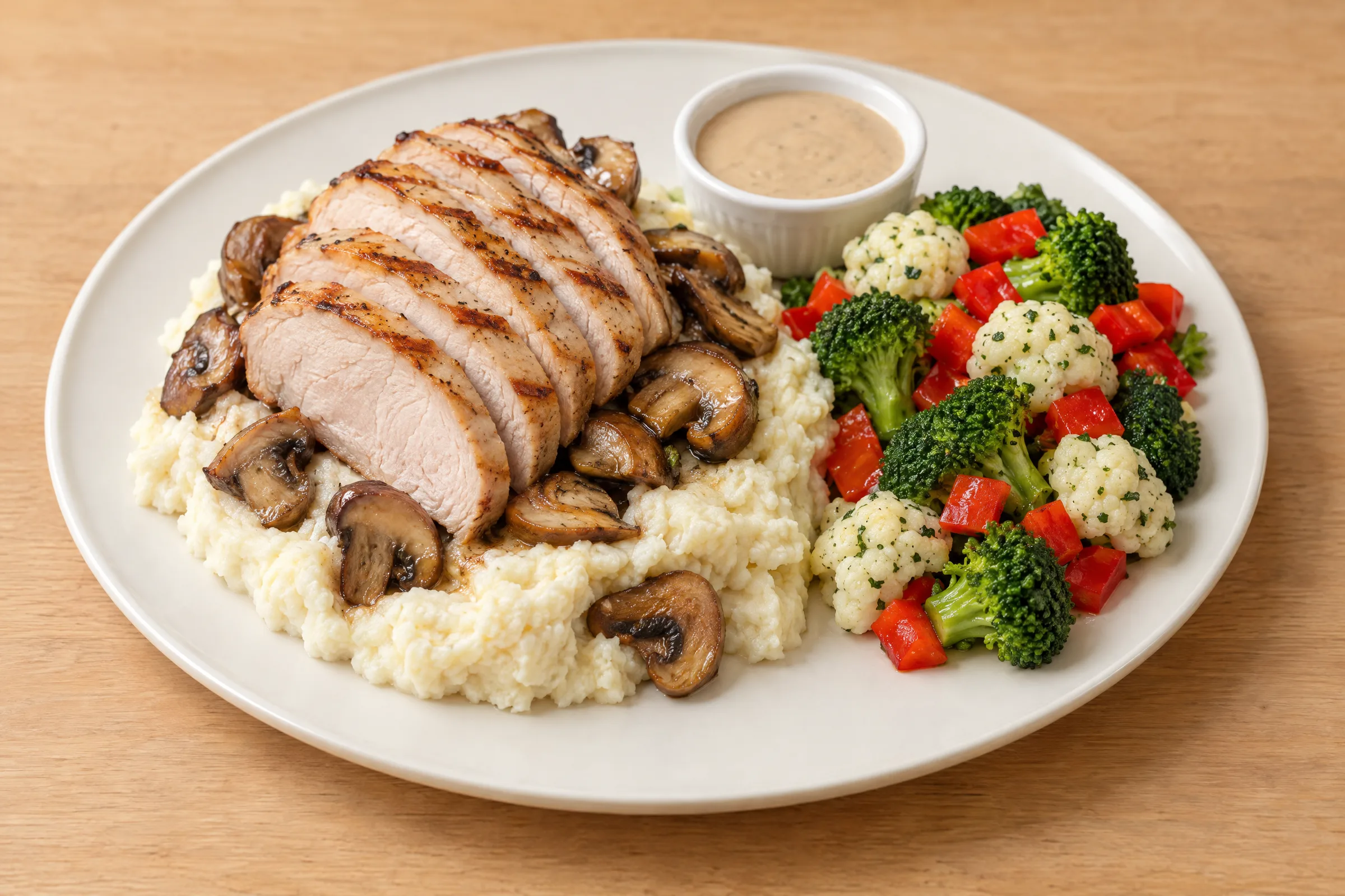 Sliced smoked pork chop on potato-celeriac mash with roasted mushrooms, broccoli, cauliflower, red peppers and cream sauce. AI illustration, not a photo of the delivered meal. Appearance and portions vary.