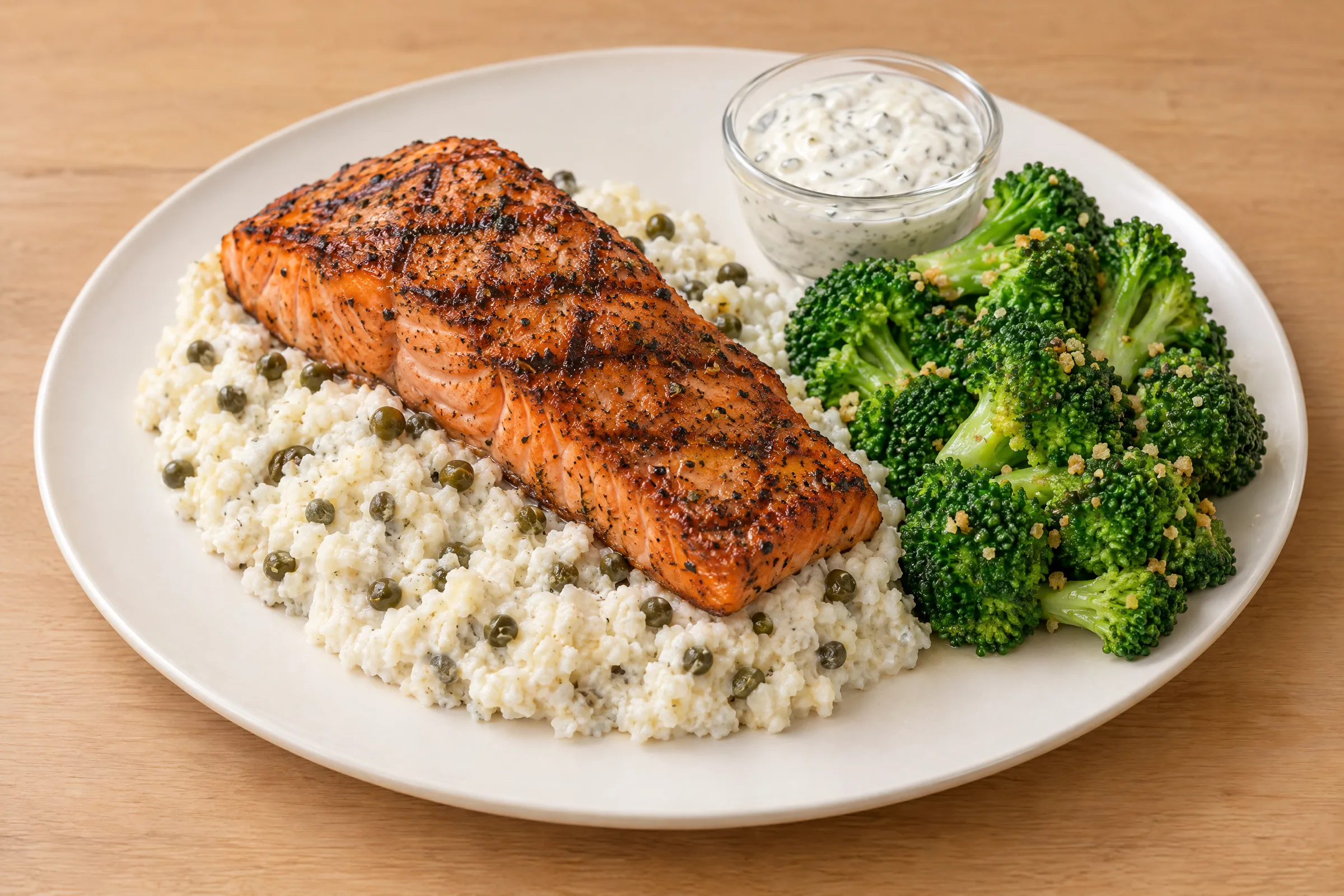 A seared salmon fillet on creamy cauliflower mash with capers, steamed broccoli, and a cup of white sauce. AI illustration, not a photo of the delivered meal. Appearance and portions vary.