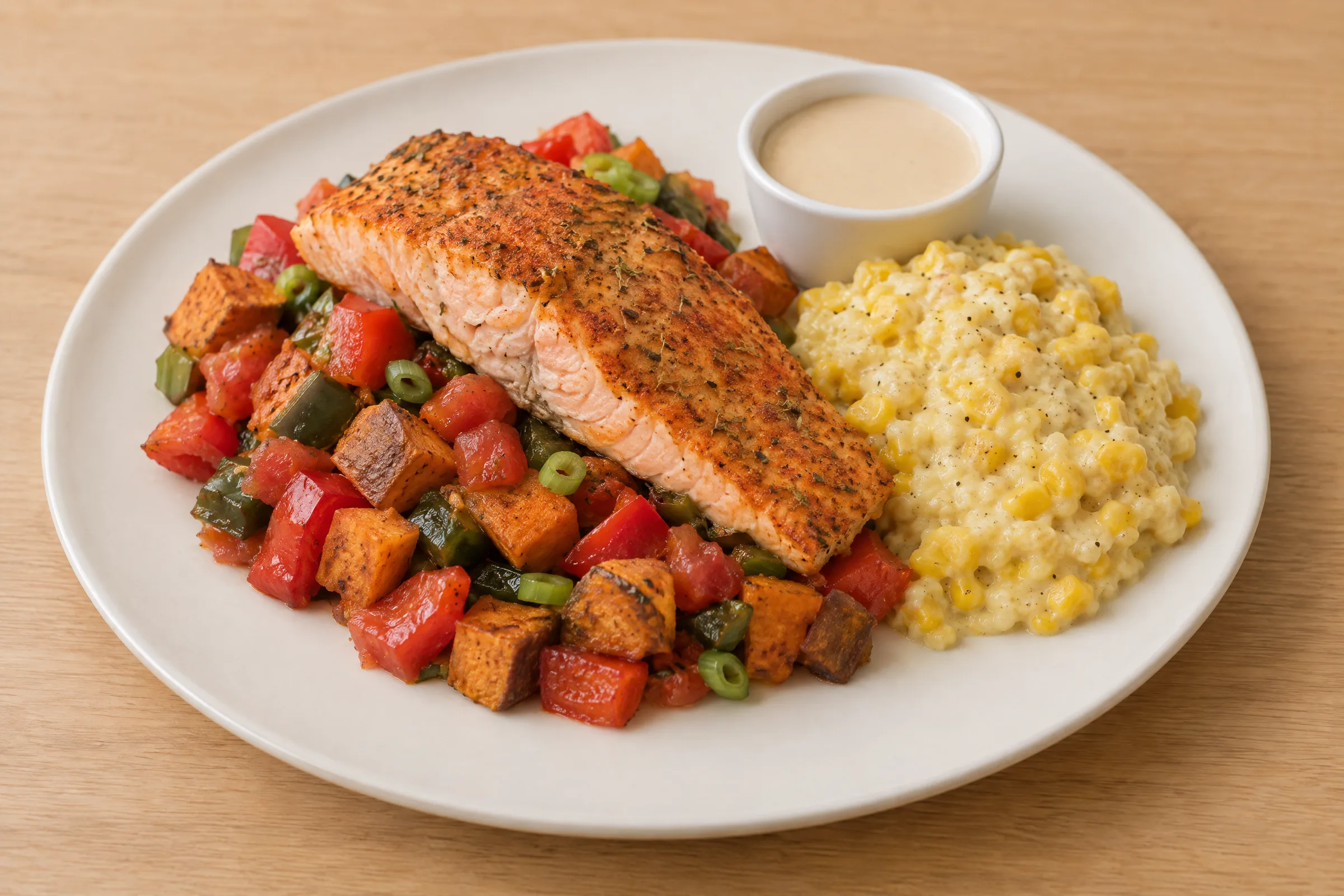 A spice-crusted salmon fillet over sweet potato, pepper and tomato hash with creamed corn and remoulade. AI illustration, not a photo of the delivered meal. Appearance and portions vary.