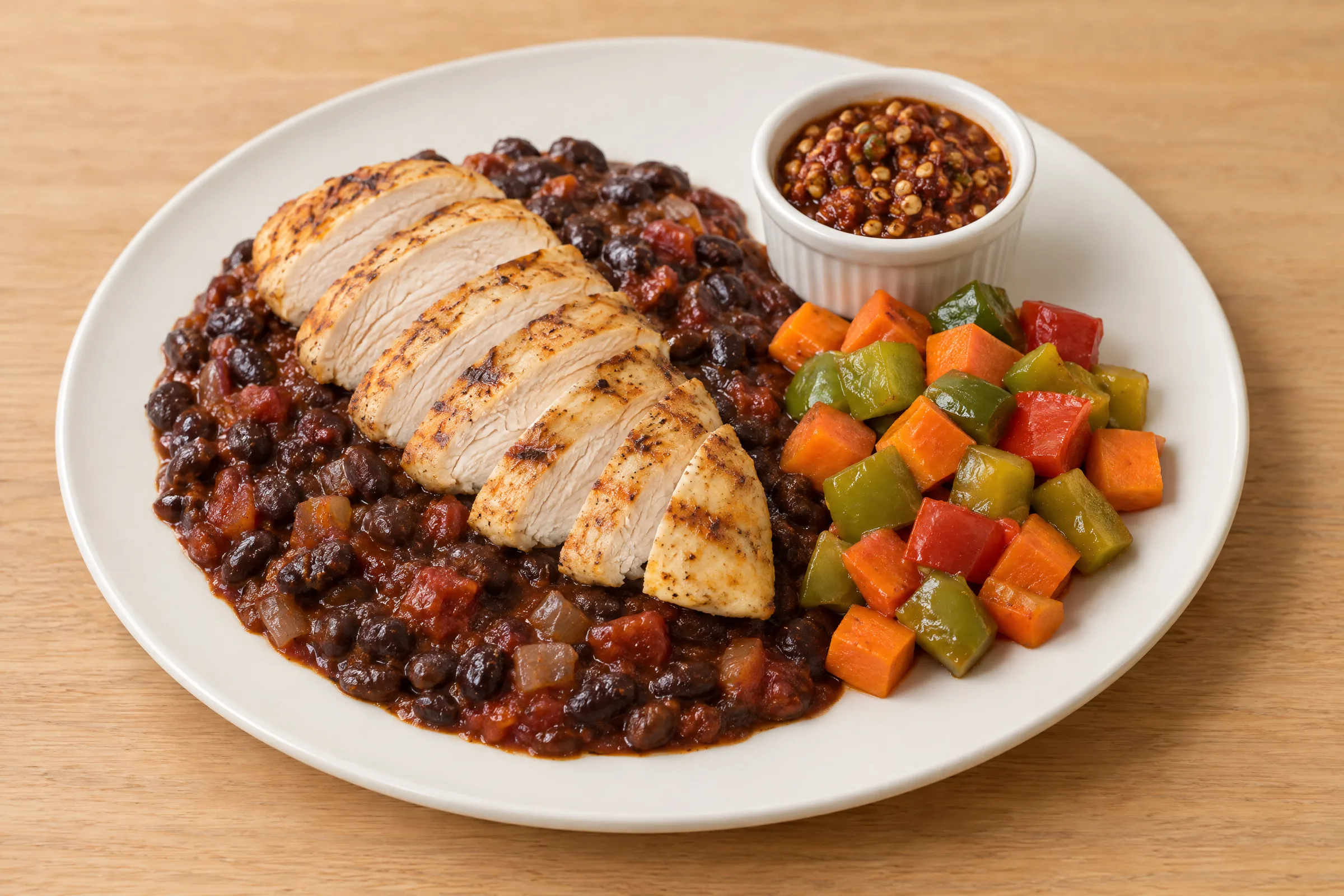Sliced grilled chicken breast over saucy black beans with carrot cubes, bell peppers and a small pot of chile salsa. AI illustration, not a photo of the delivered meal. Appearance and portions vary.
