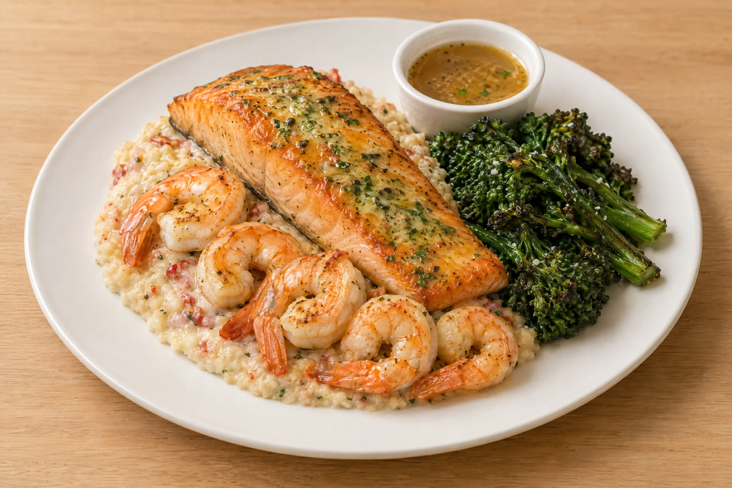 Seared salmon fillet and shrimp over creamy tomato cauliflower risotto with broccolini and a cup of butter sauce. AI illustration, not a photo of the delivered meal. Appearance and portions vary.