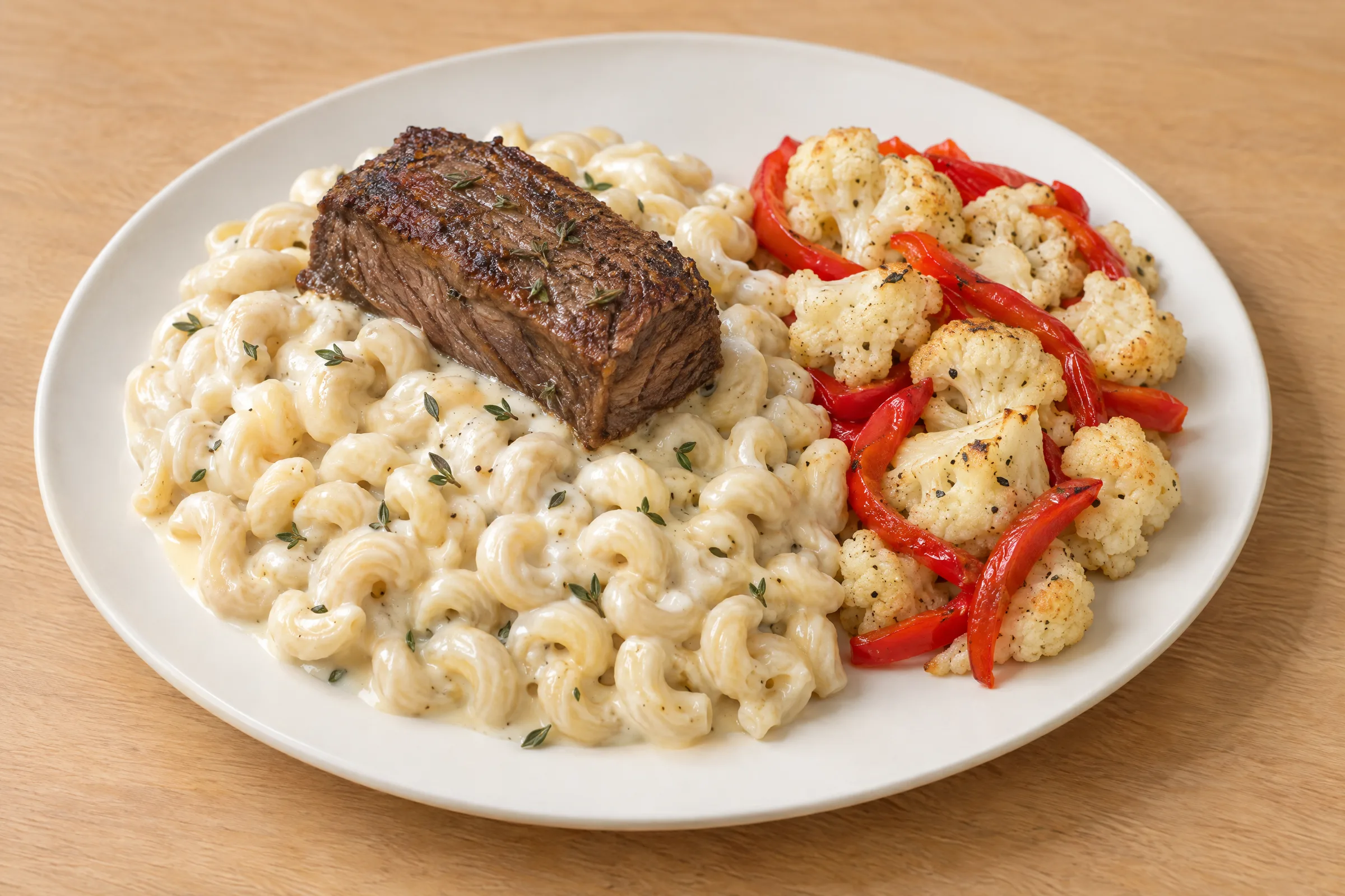A seared short rib on creamy gouda elbow macaroni with roasted cauliflower and red pepper strips. AI illustration, not a photo of the delivered meal. Appearance and portions vary.