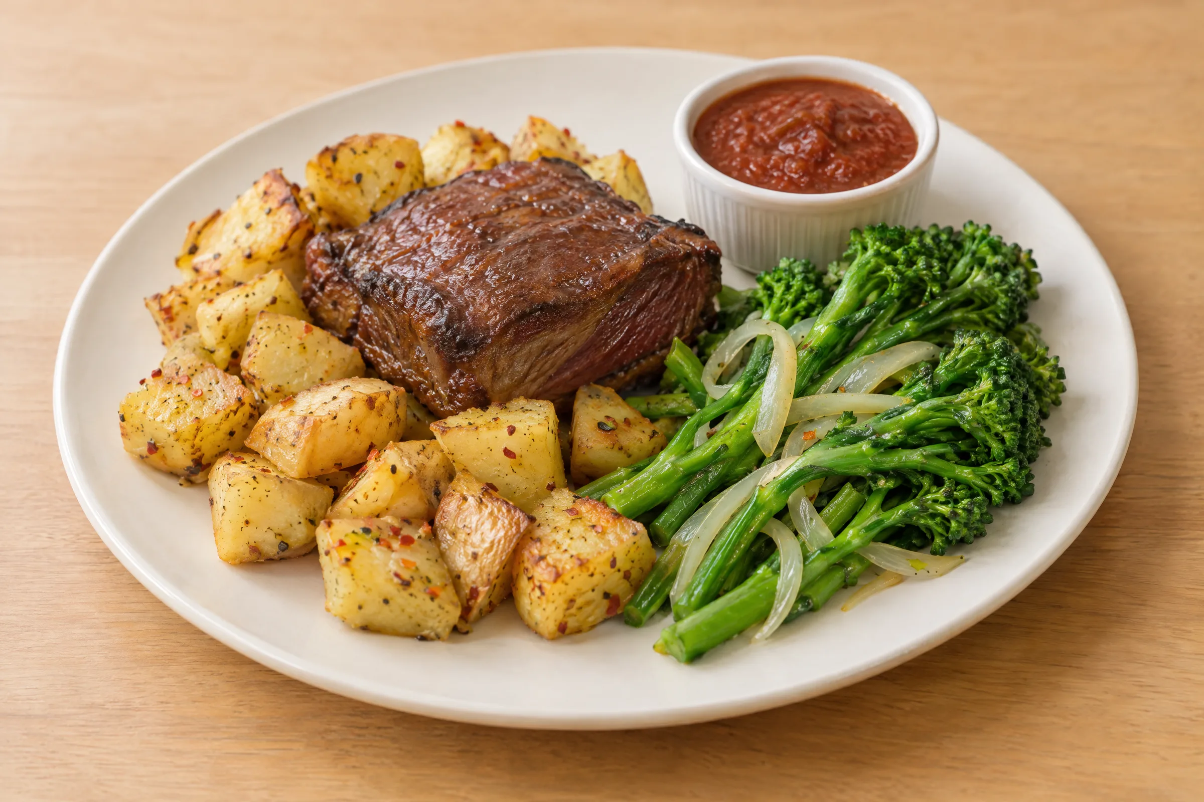 A whole braised short rib with roasted Yukon potato cubes, broccolini and onions, plus a cup of au jus. AI illustration, not a photo of the delivered meal. Appearance and portions vary.