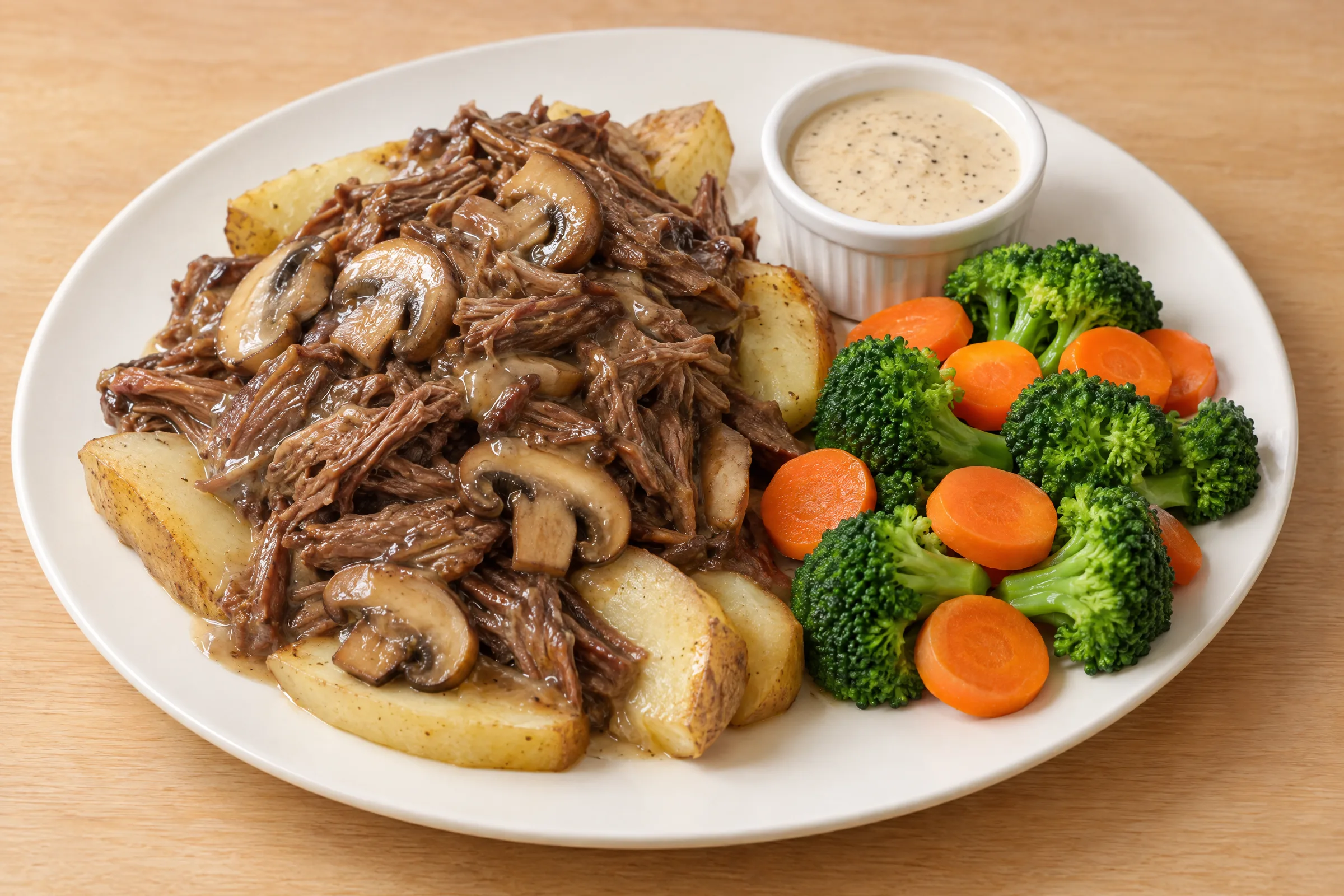 Shredded braised beef with mushrooms over roasted Yukon potatoes, with broccoli, carrots, and creamy peppered sauce. AI illustration, not a photo of the delivered meal. Appearance and portions vary.
