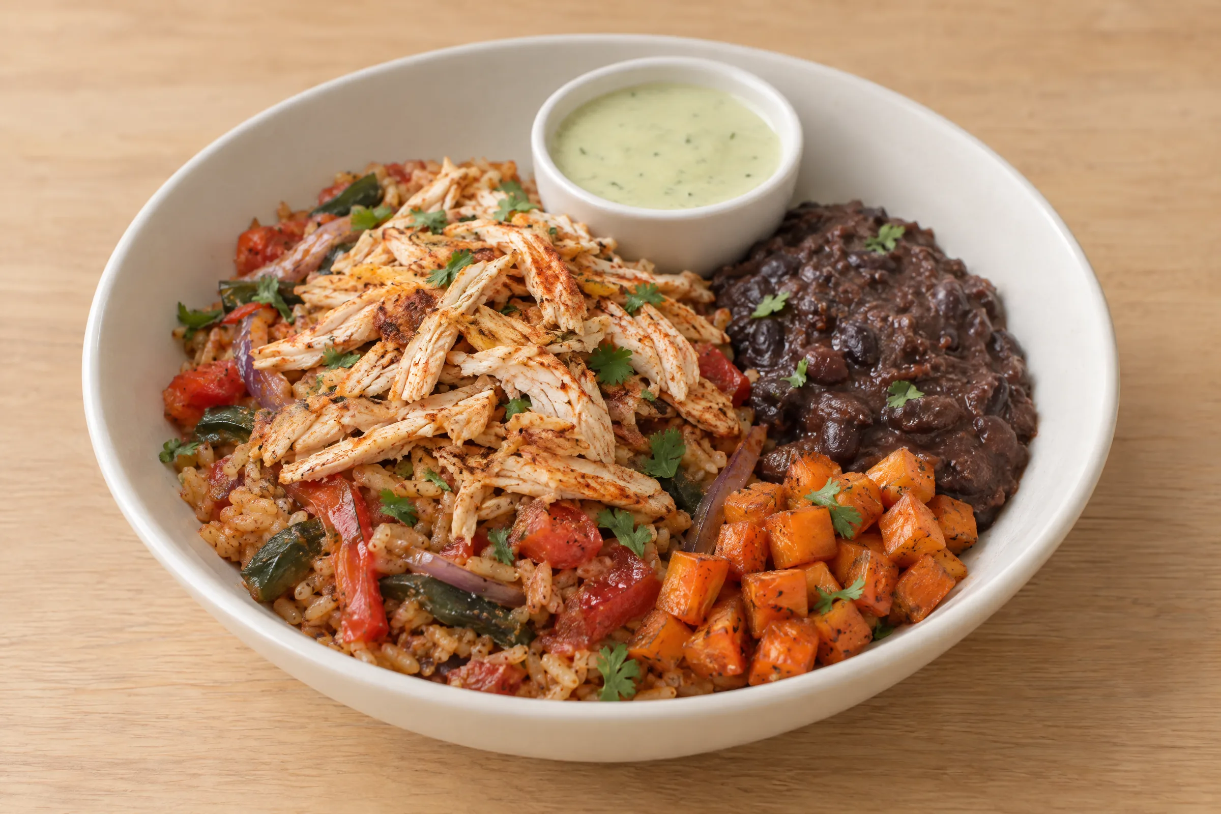 Spiced shredded chicken over seasoned brown rice with peppers, tomatoes, smashed black beans, roasted carrots and queso. AI illustration, not a photo of the delivered meal. Appearance and portions vary.