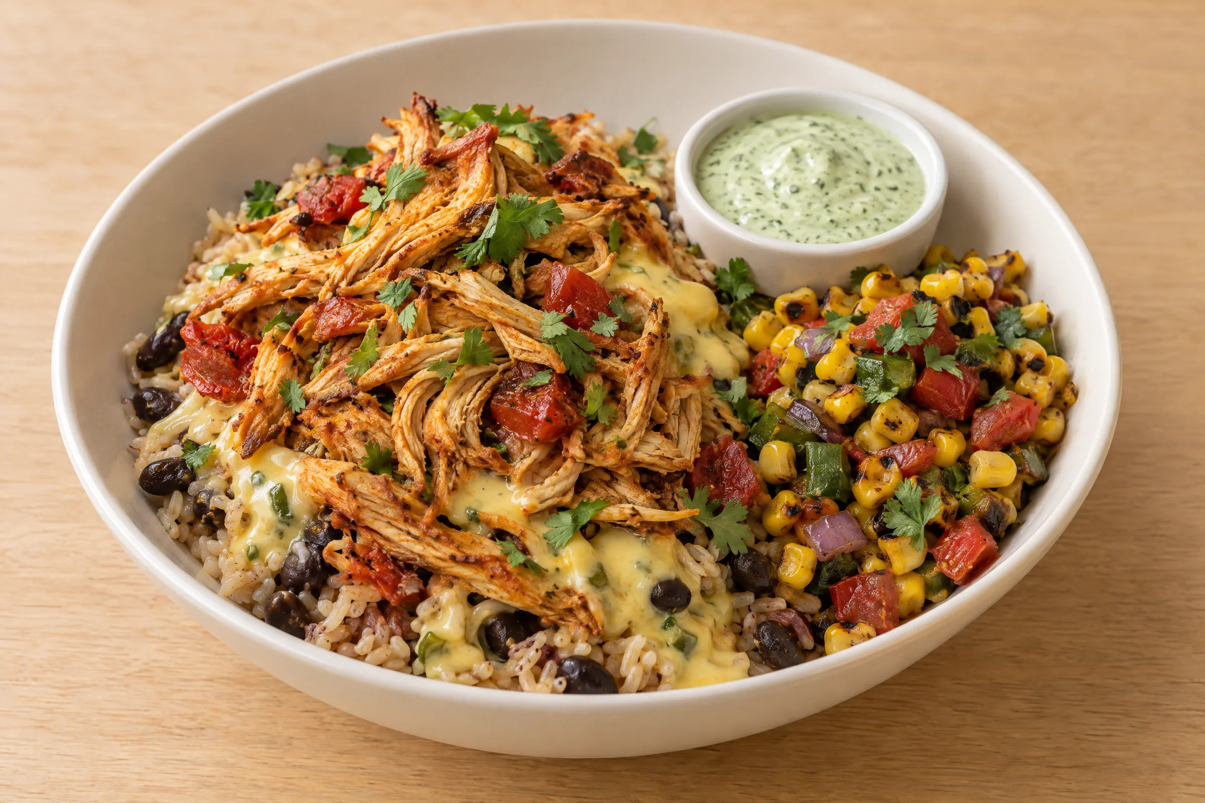 Shredded chicken and melted cheese over brown rice with black beans, roasted corn salsa and cilantro crema. AI illustration, not a photo of the delivered meal. Appearance and portions vary.