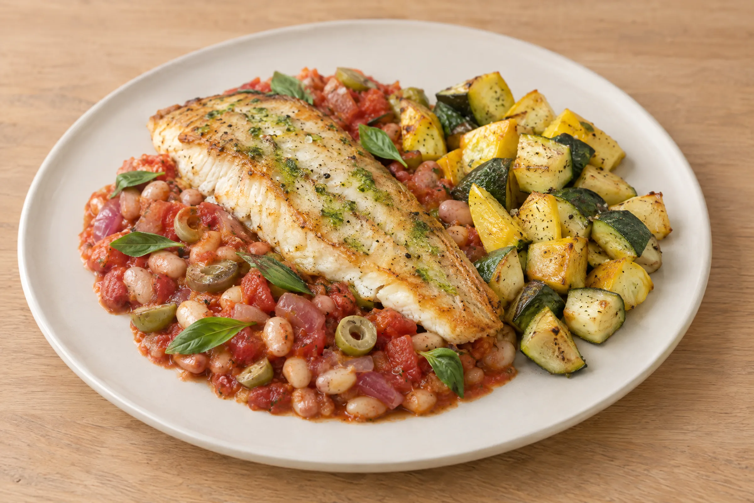 A seared herb-topped barramundi fillet on tomato-olive white beans with roasted zucchini and yellow squash. AI illustration, not a photo of the delivered meal. Appearance and portions vary.