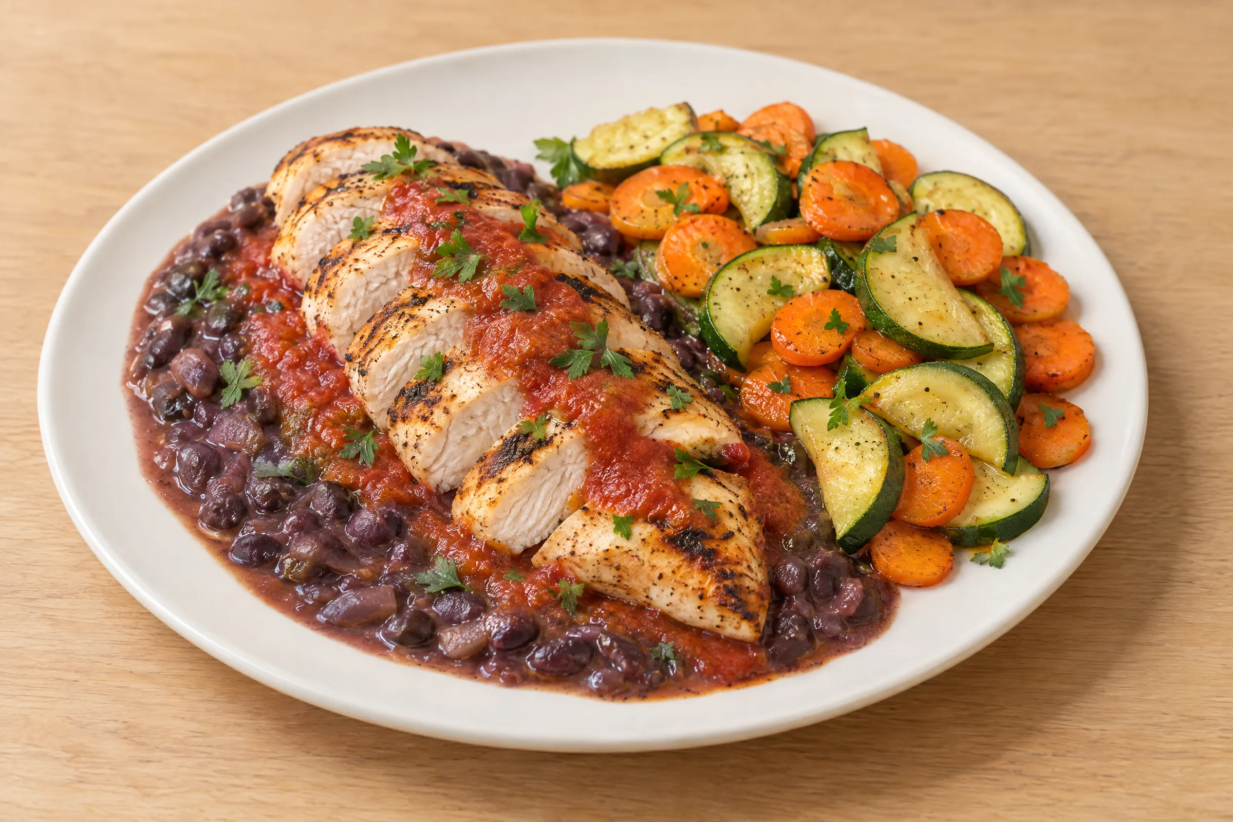Sliced grilled chicken breast on smashed black beans with tomato salsa, beside roasted carrots and squash. AI illustration, not a photo of the delivered meal. Appearance and portions vary.