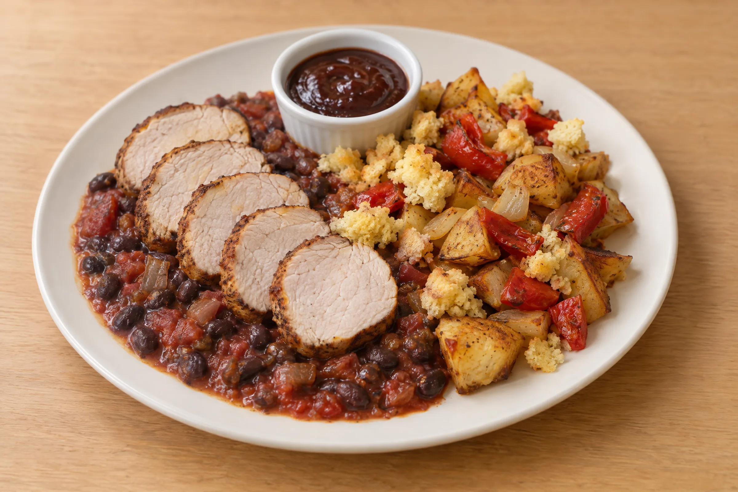 Sliced BBQ pork tenderloin over saucy black beans with roasted potatoes, peppers, cornbread crumbles and barbecue sauce. AI illustration, not a photo of the delivered meal. Appearance and portions vary.