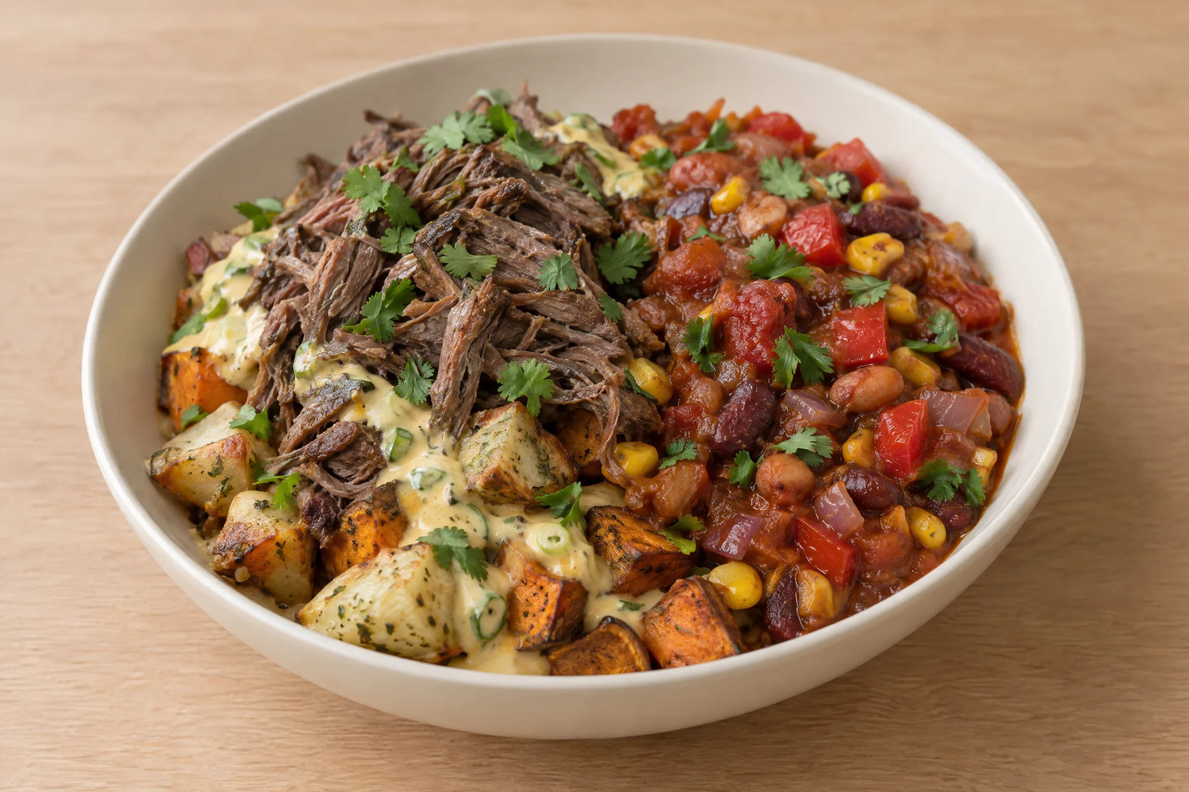 Shredded beef over roasted potatoes and sweet potatoes with cheese sauce, next to bean-and-corn tomato chili. AI illustration, not a photo of the delivered meal. Appearance and portions vary.