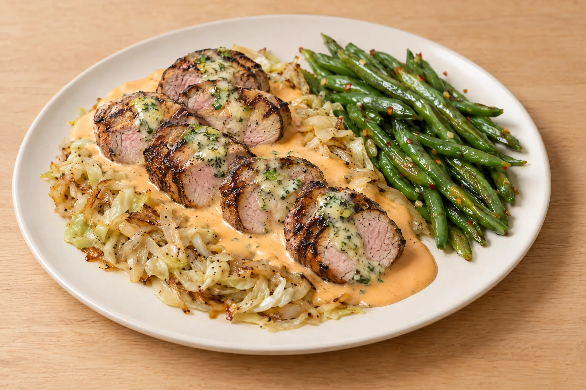 Sliced grilled pork tenderloin in cheddar cream sauce over sautéed cabbage, with chile garlic green beans. AI illustration, not a photo of the delivered meal. Appearance and portions vary.