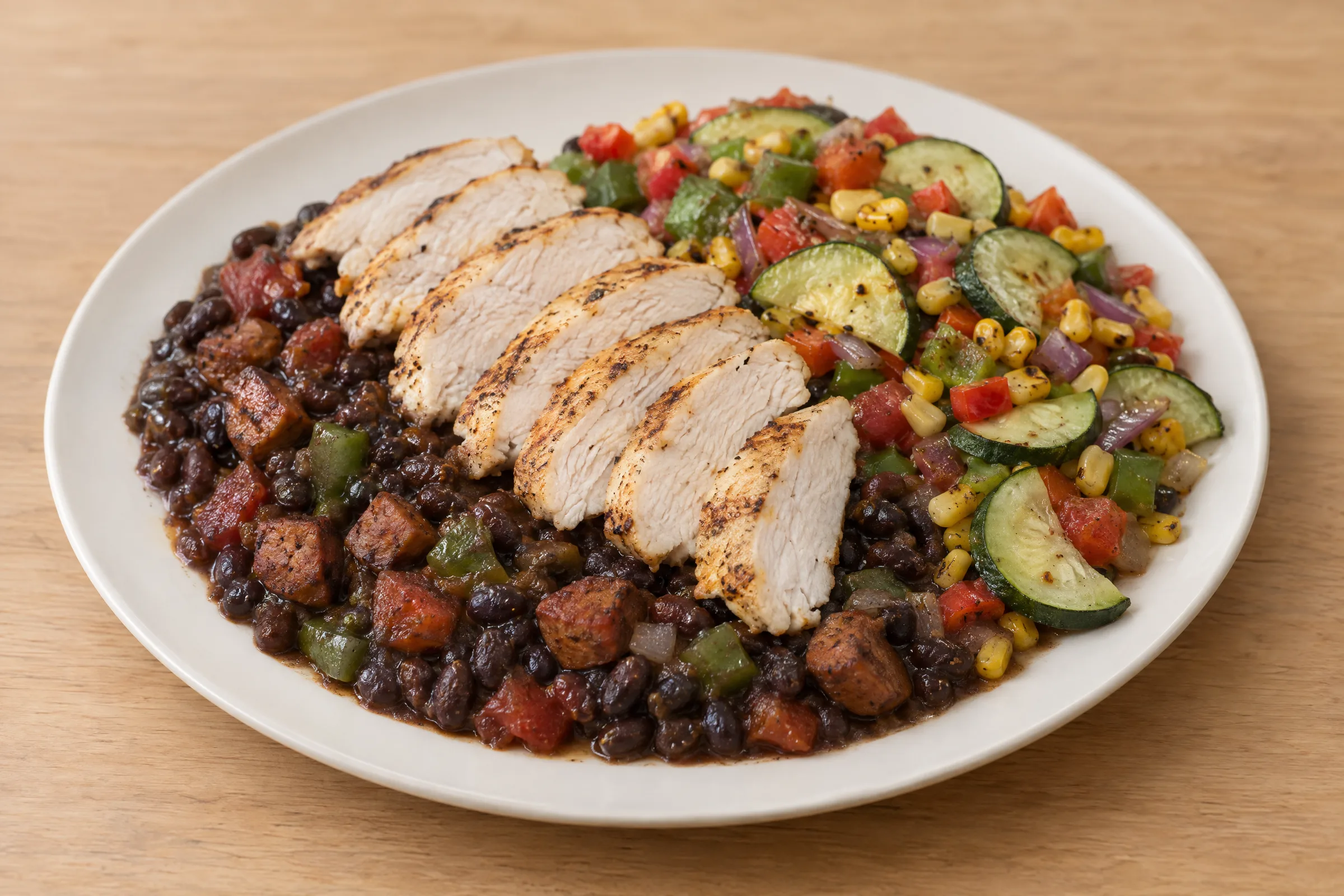 Sliced grilled chicken breast over stewed black beans with sausage, squash, corn, peppers and tomatoes. AI illustration, not a photo of the delivered meal. Appearance and portions vary.