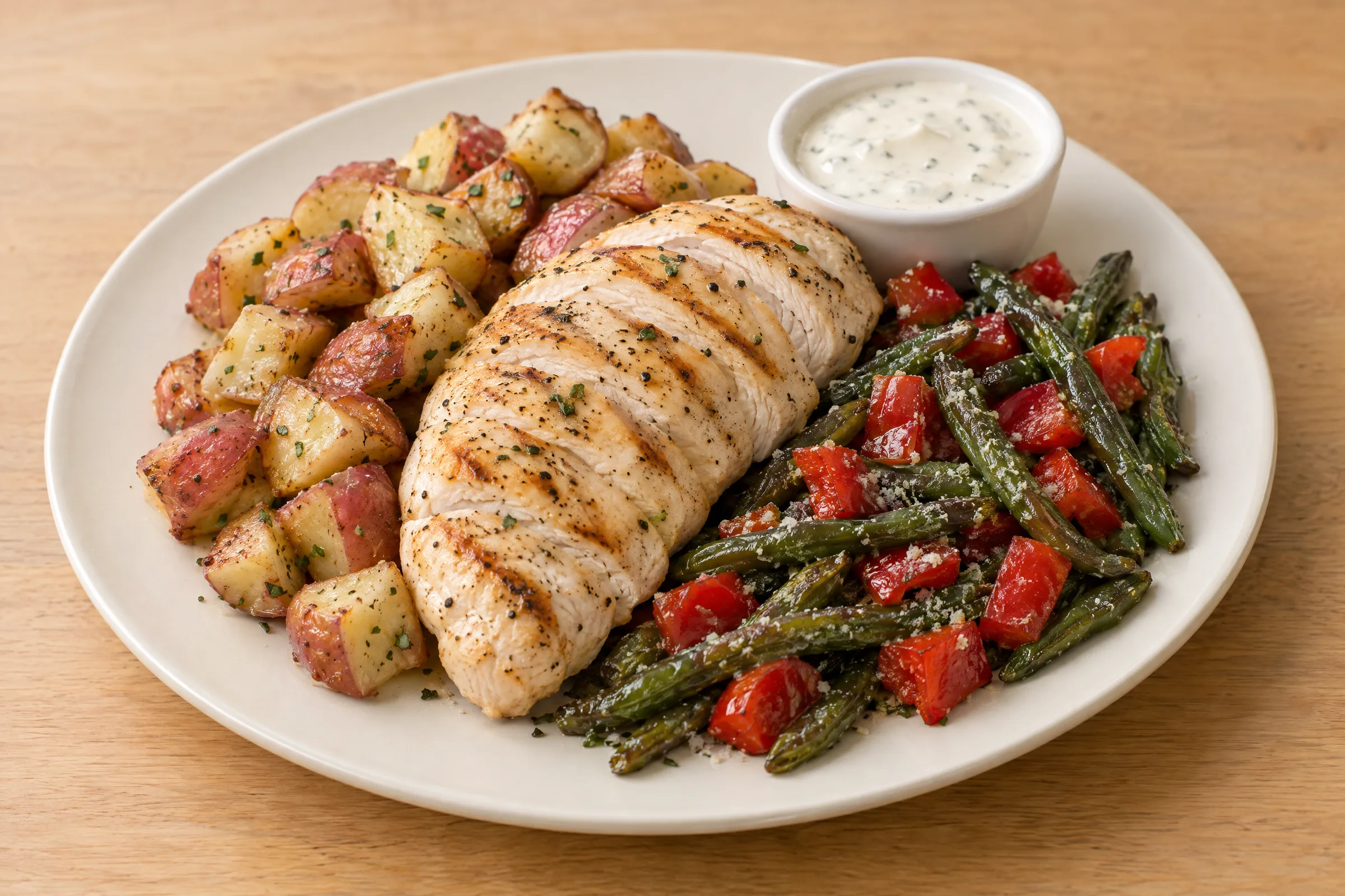 A sliced grilled chicken breast with roasted red potatoes, Parmesan green beans, red peppers and creamy Gouda dipping sauce. AI illustration, not a photo of the delivered meal. Appearance and portions vary.