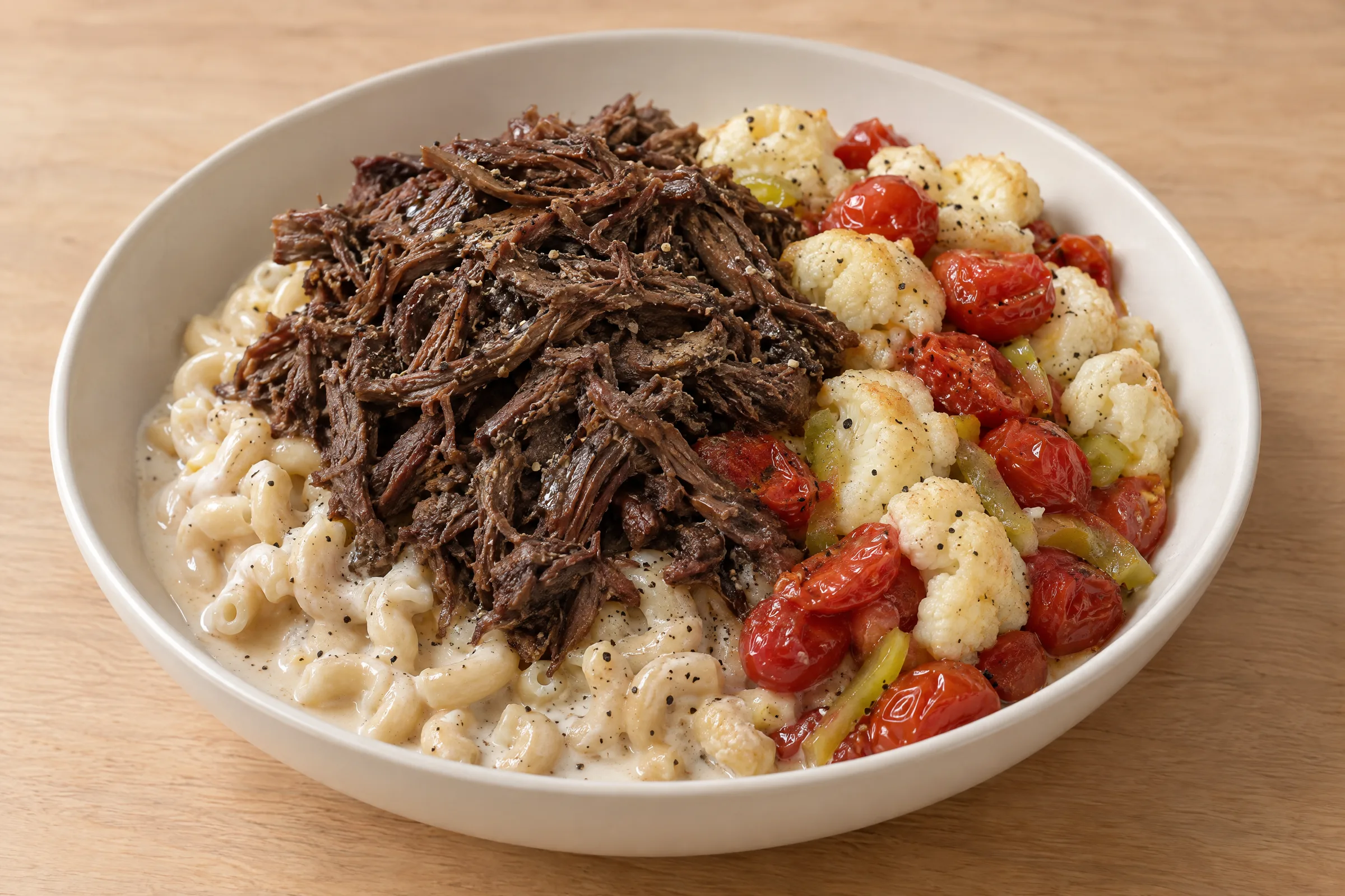 Shredded beef piled on creamy smoked gouda elbow macaroni with roasted cauliflower, grape tomatoes and bell peppers. AI illustration, not a photo of the delivered meal. Appearance and portions vary.