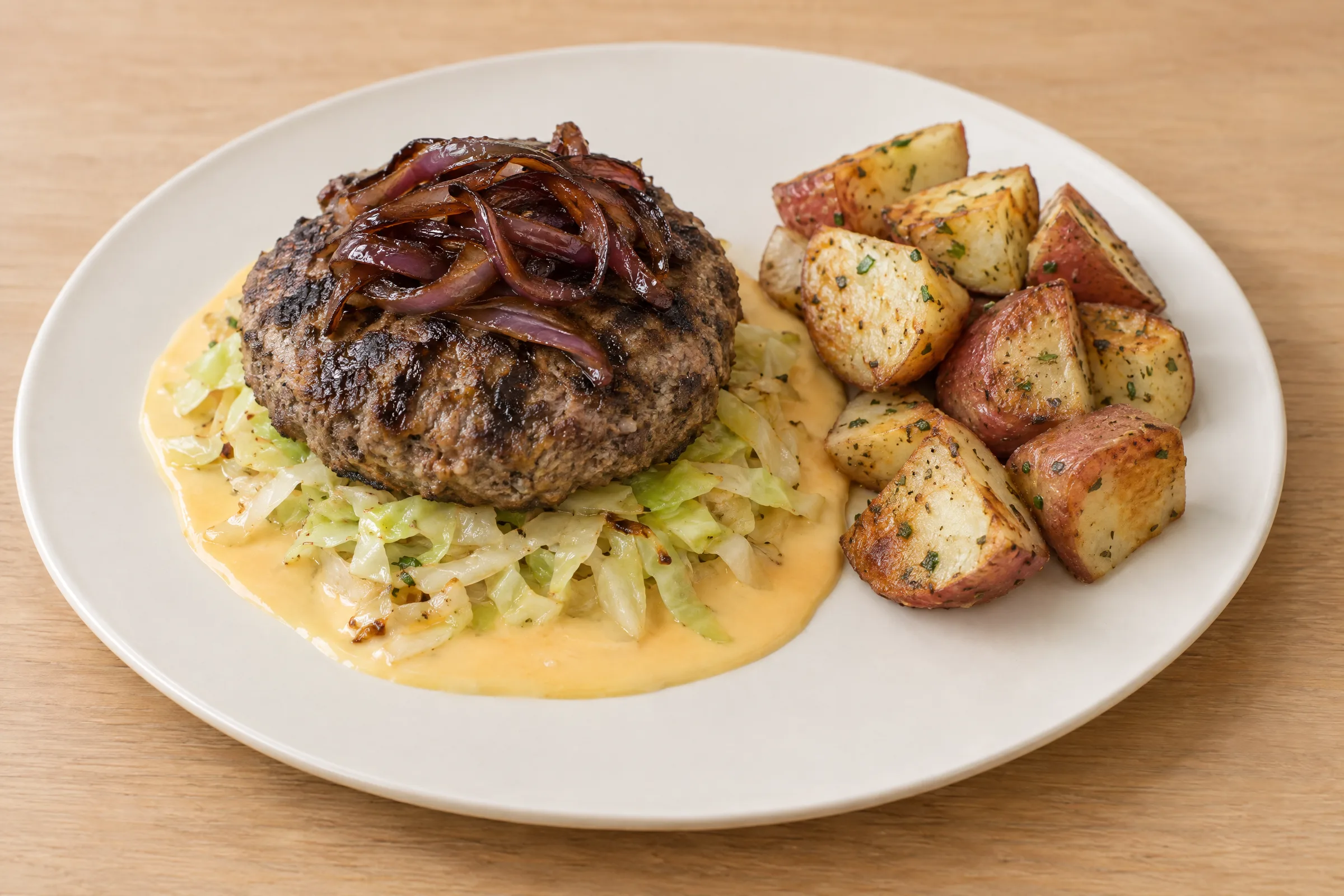 A charred beef burger patty with seared red onions on cabbage and cheddar sauce, with roasted red potato wedges. AI illustration, not a photo of the delivered meal. Appearance and portions vary.