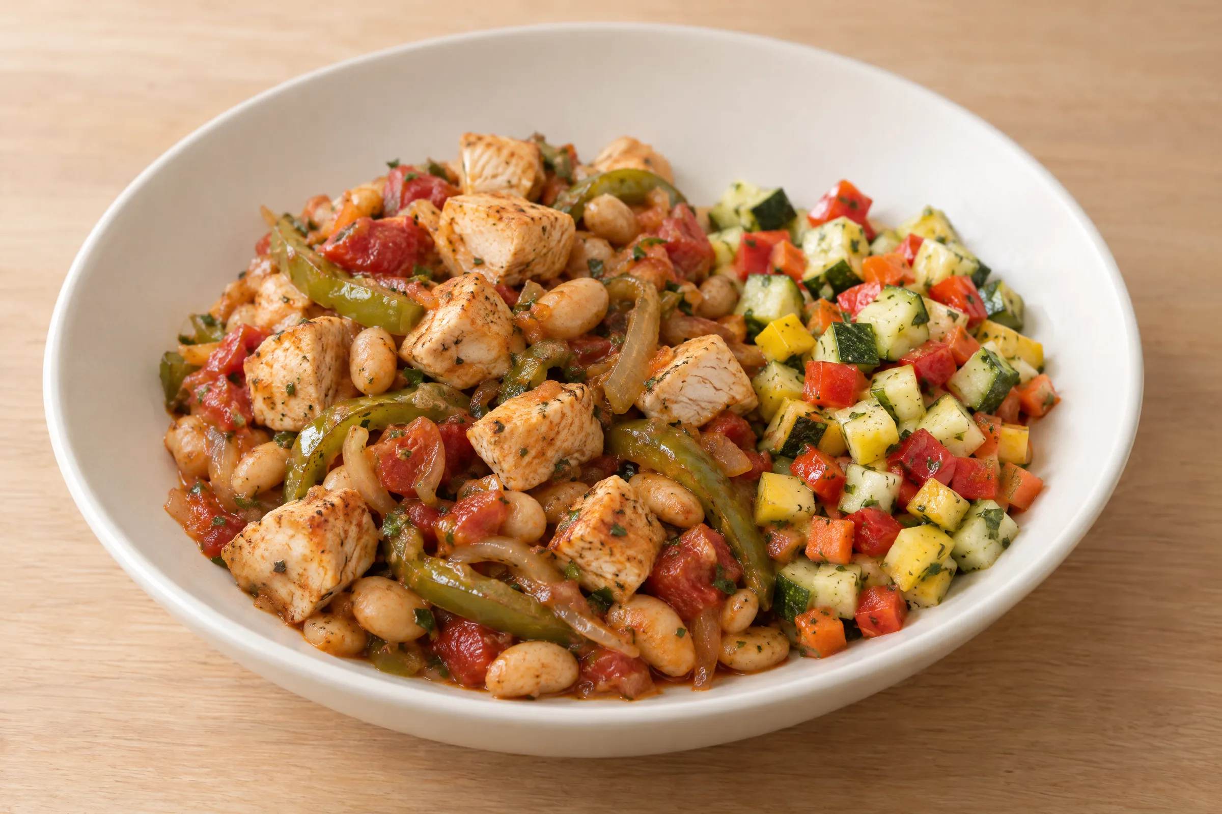 Smoky paprika chicken chunks with white beans, green peppers and tomato beside diced raw zucchini, squash, carrot and red pepper. AI illustration, not a photo of the delivered meal. Appearance and portions vary.