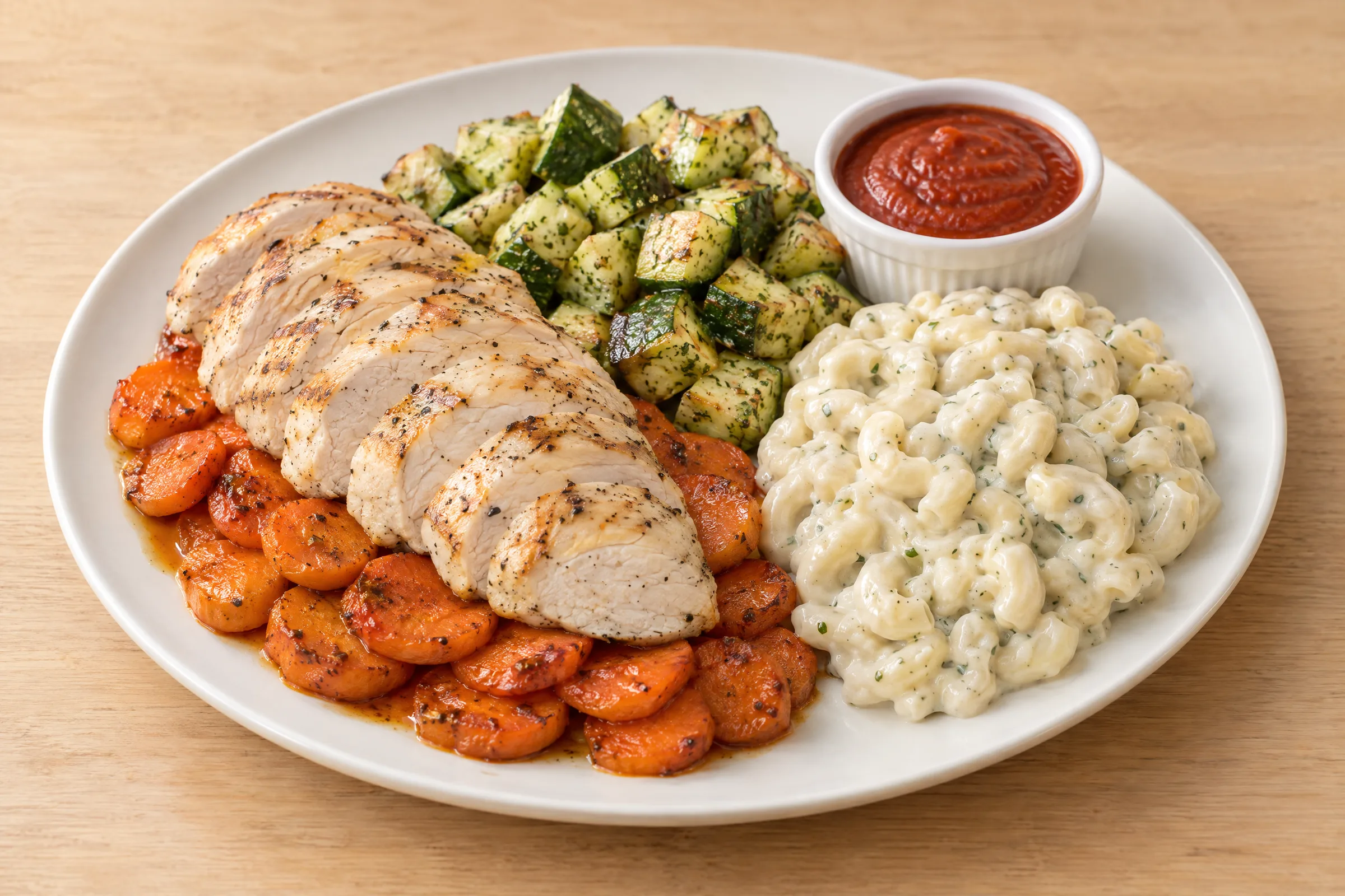 Sliced grilled chicken breast over roasted carrot coins with cheesy macaroni, herbed zucchini cubes, and tomato sauce. AI illustration, not a photo of the delivered meal. Appearance and portions vary.