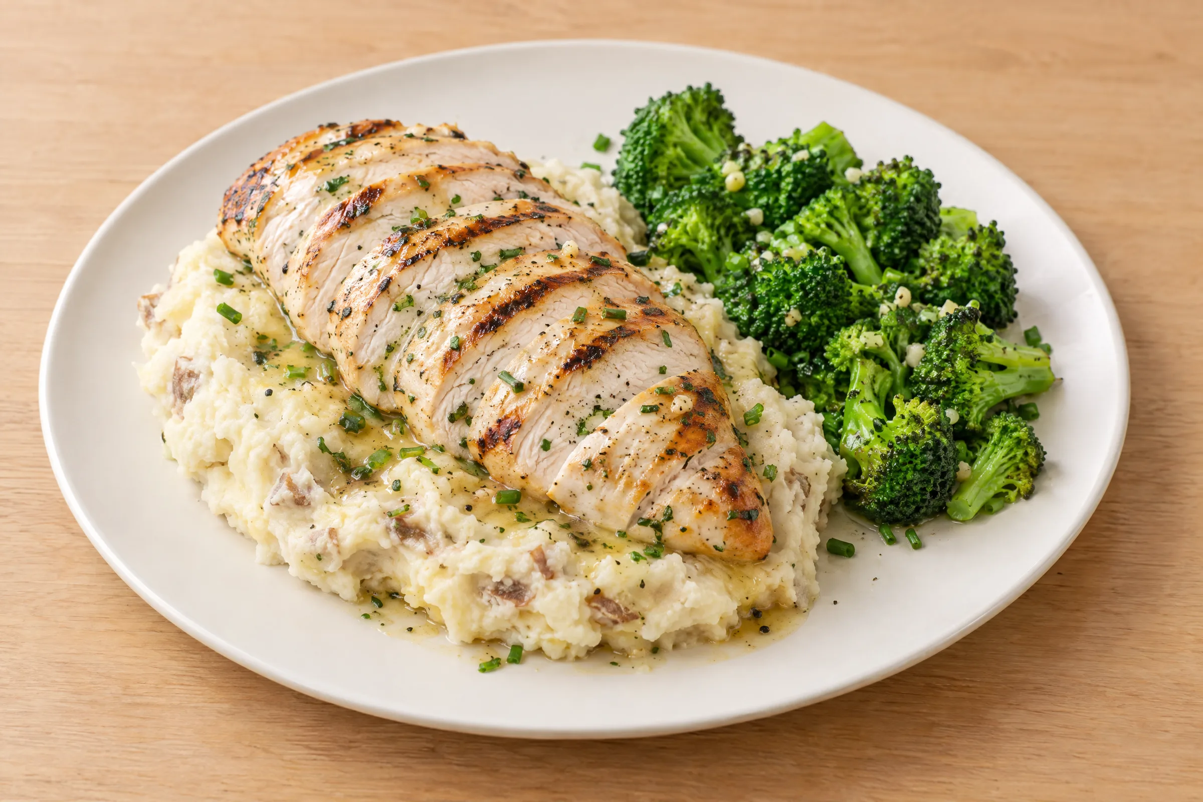 Sliced grilled chicken breast over creamy mashed potatoes with a side of bright green garlic broccoli. AI illustration, not a photo of the delivered meal. Appearance and portions vary.