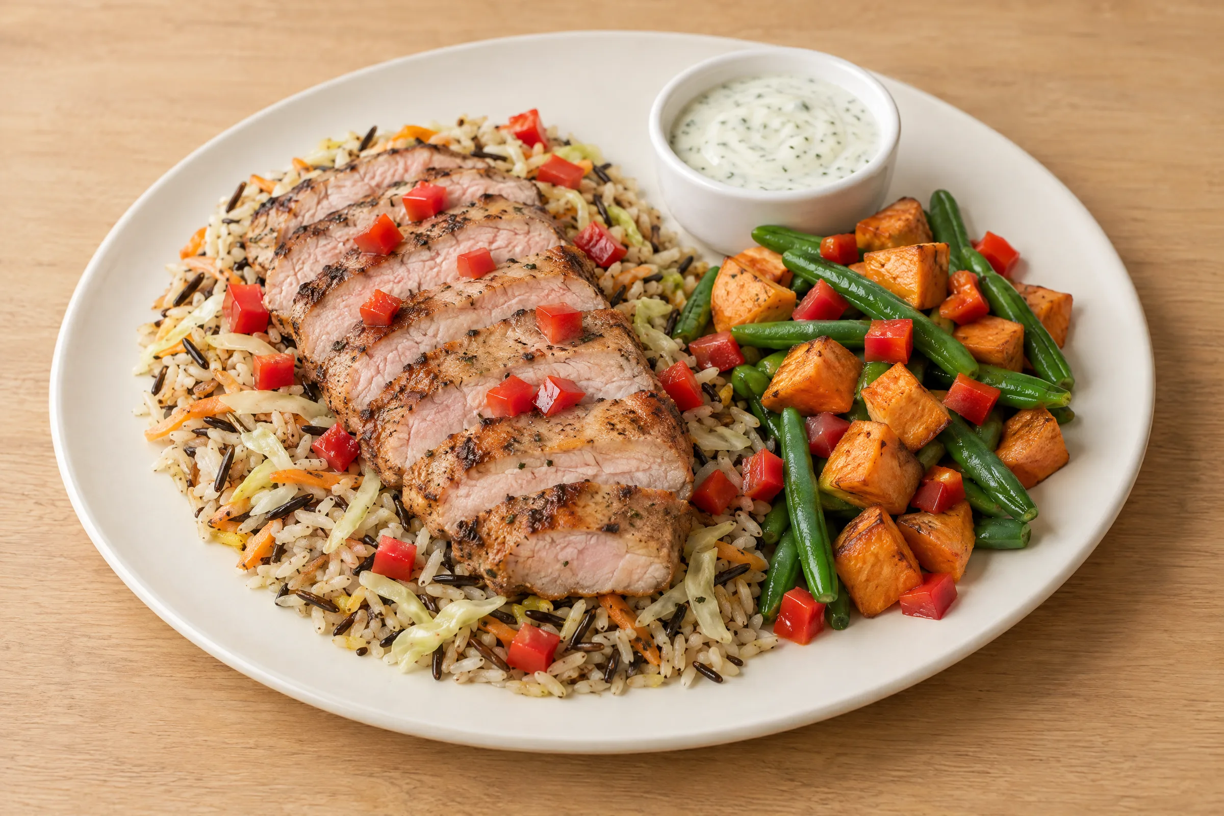 Sliced grilled pork chop over wild rice with sweet potatoes, green beans and a lemon yogurt dipping sauce. AI illustration, not a photo of the delivered meal. Appearance and portions vary.