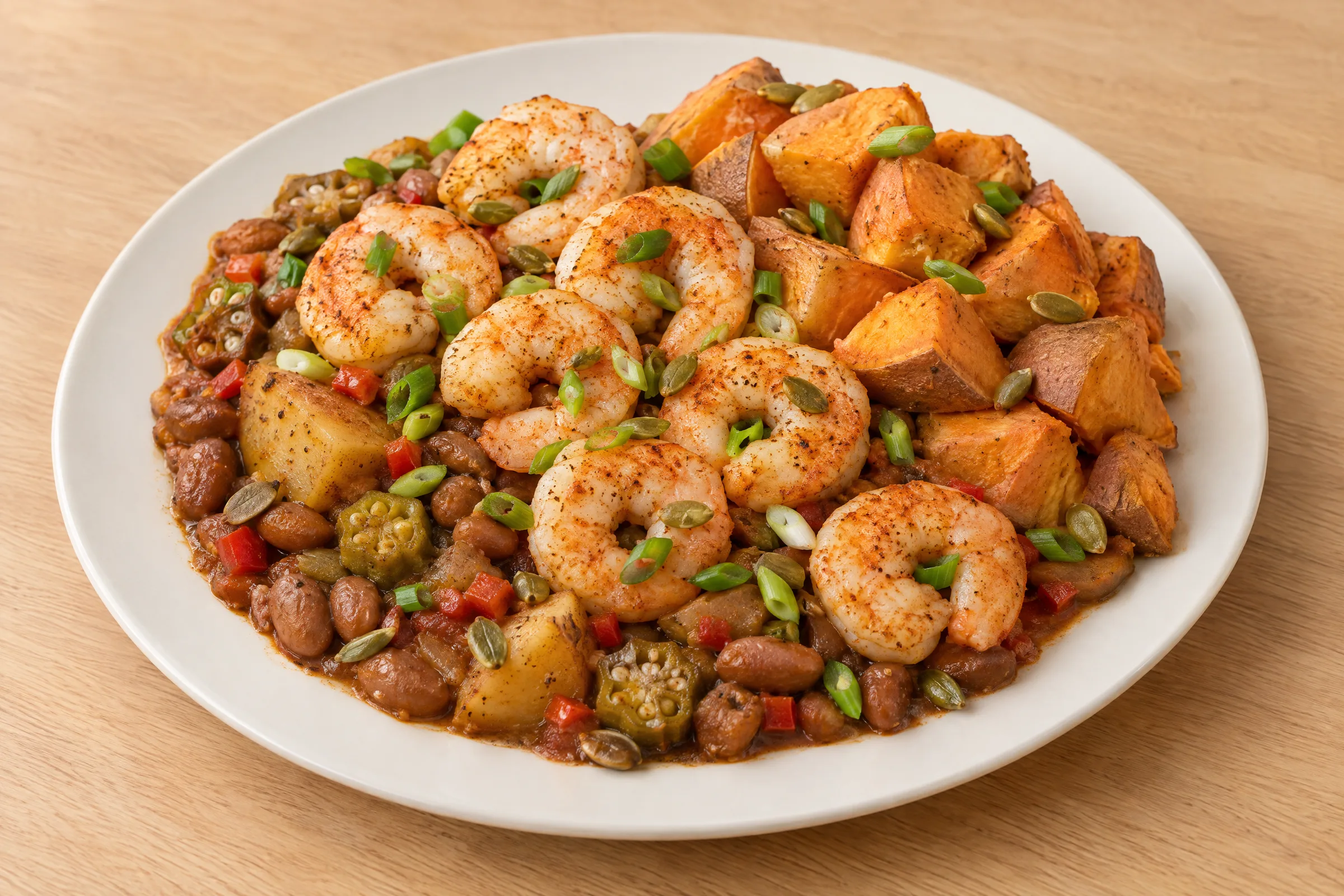 Spiced shrimp over pinto beans, okra, potatoes and roasted sweet potatoes with green onions and pepitas. AI illustration, not a photo of the delivered meal. Appearance and portions vary.