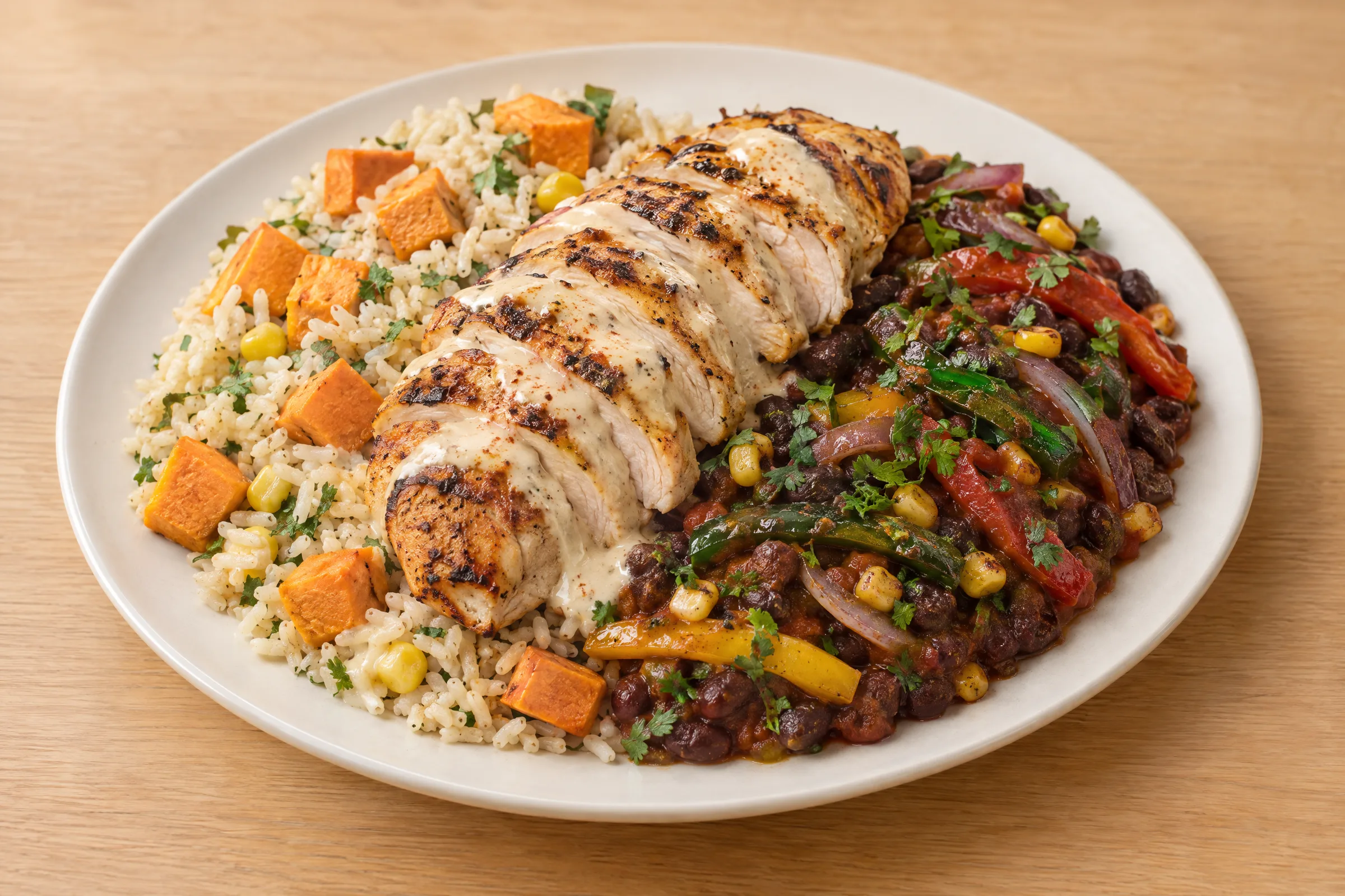 Sliced grilled chicken breast with creamy sauce over rice with sweet potatoes, plus black beans, peppers and corn. AI illustration, not a photo of the delivered meal. Appearance and portions vary.