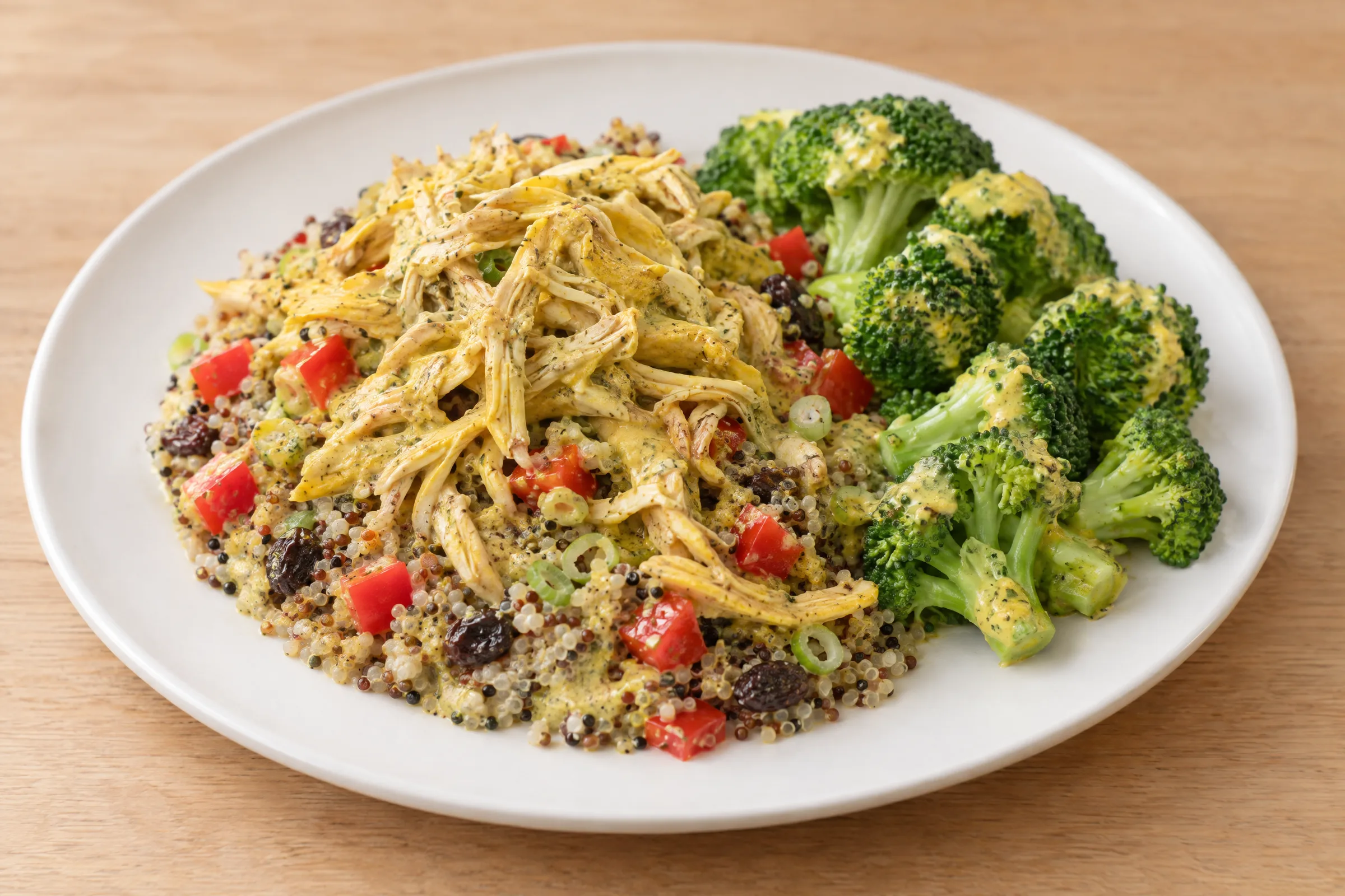 Curried shredded chicken over raisin-studded tricolor quinoa with red pepper and bright green broccoli florets. AI illustration, not a photo of the delivered meal. Appearance and portions vary.
