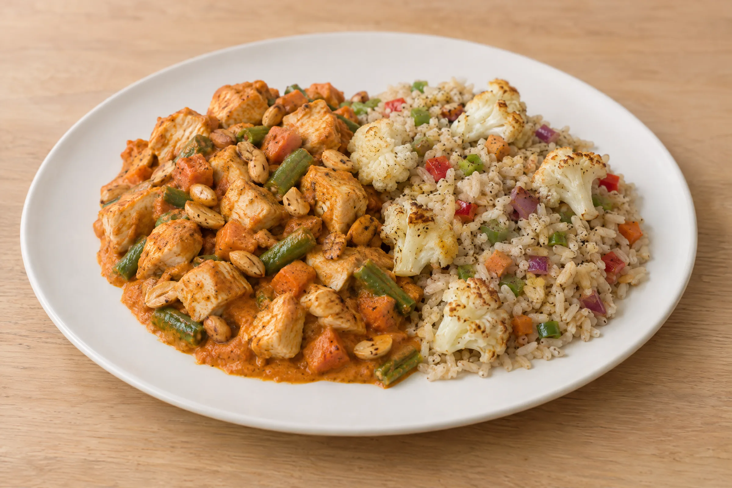 Curried chicken chunks with green beans, carrots and peanuts in red coconut sauce beside vegetable brown rice and roasted cauliflower. AI illustration, not a photo of the delivered meal. Appearance and portions vary.