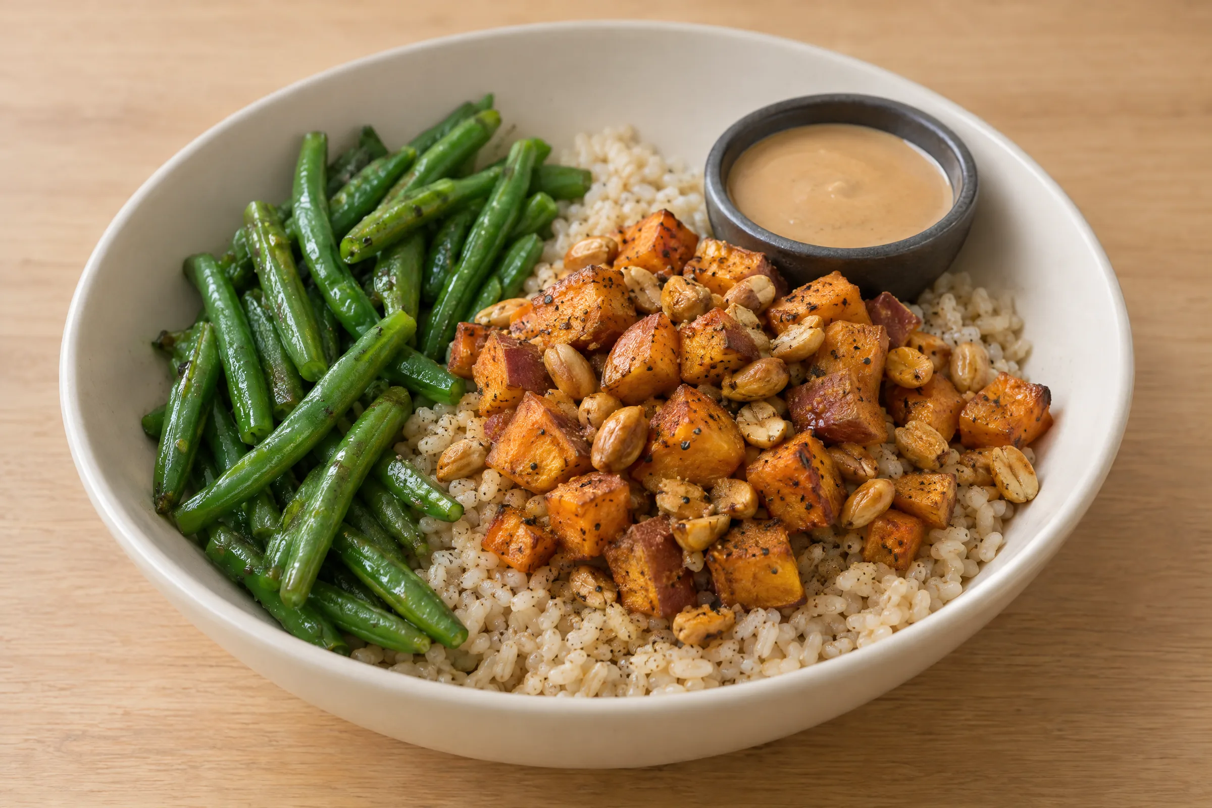 Coconut brown rice topped with spicy peanut sweet potato cubes, green beans, and a peanut sauce cup. AI illustration, not a photo of the delivered meal. Appearance and portions vary.