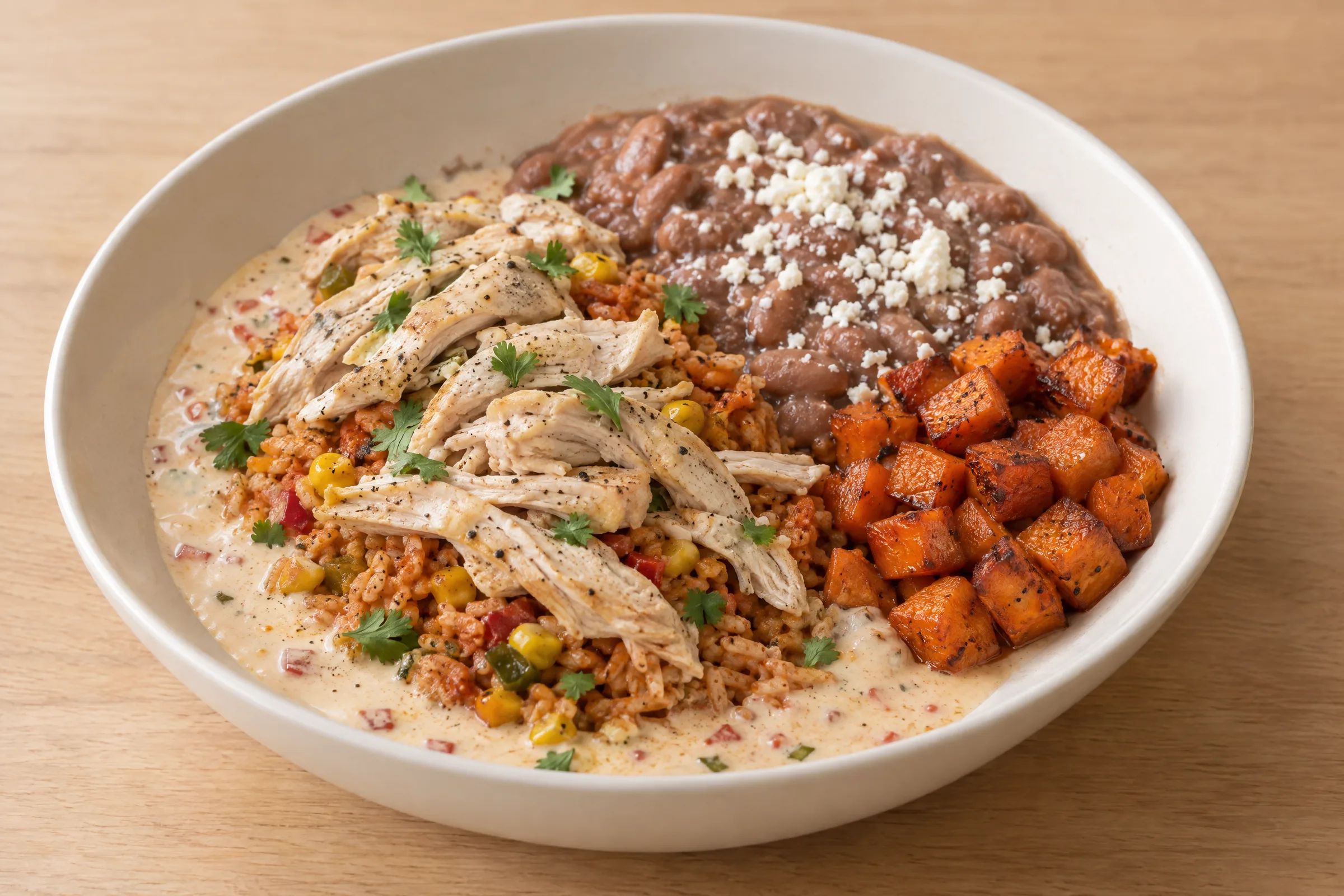 Shredded chicken over red Mexican rice with queso sauce, corn, pinto beans, roasted carrots and cilantro. AI illustration, not a photo of the delivered meal. Appearance and portions vary.